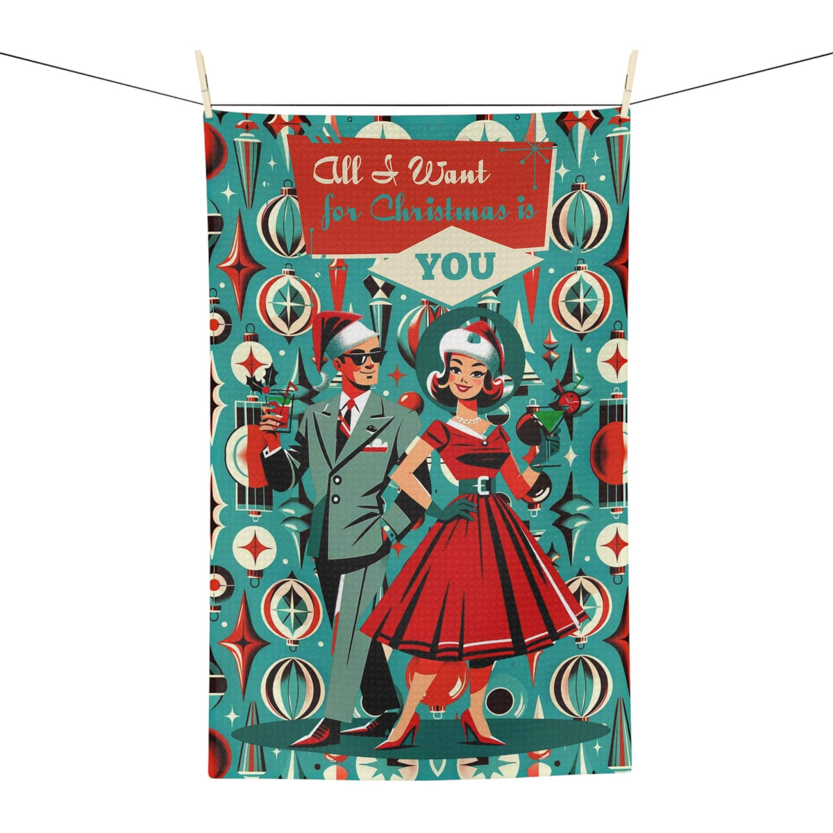 Mid Century Modern 50's Christmas Kitschy Holiday 50's Kitschen Teal, Red Retro Couple Barware, Martini Bar, Soft Tea Towel Home Decor 16'' × 25''