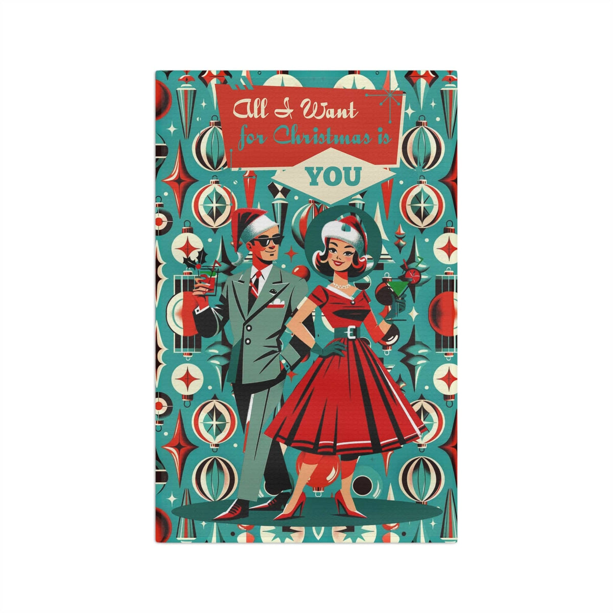Mid Century Modern 50's Christmas Kitschy Holiday 50's Kitschen Teal, Red Retro Couple Barware, Martini Bar, Soft Tea Towel Home Decor 16'' × 25''