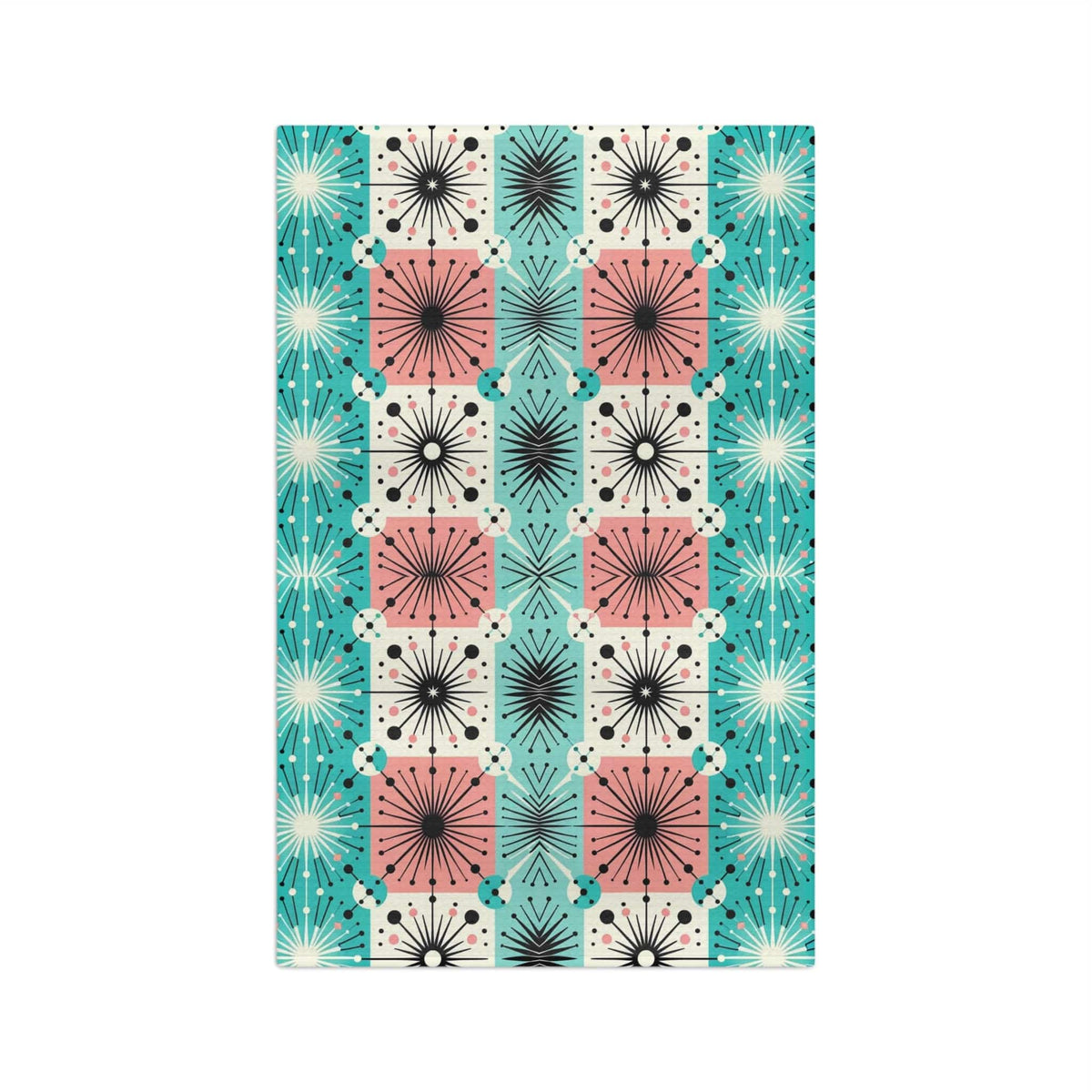 Mid Century Modern Tea Towel In Aqua Blue, Pink, Black, White Starbursts, Sputnik Designed Soft Tea Towel Home Decor 16'' × 25''