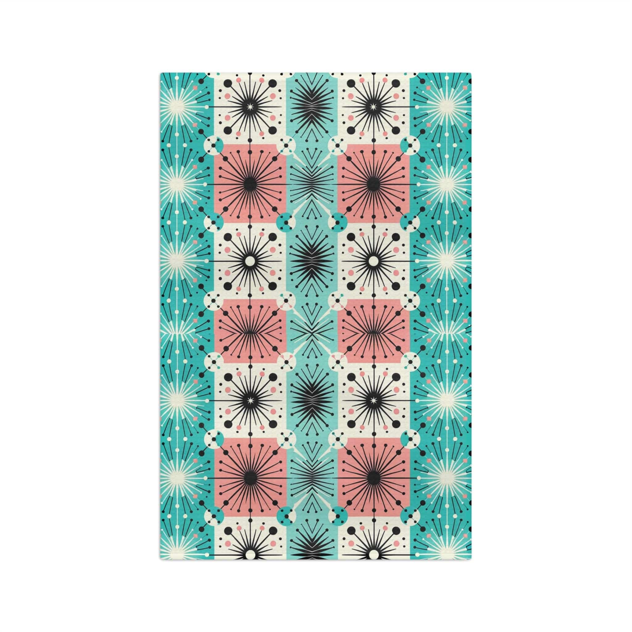 Mid Century Modern Tea Towel In Aqua Blue, Pink, Black, White Starbursts, Sputnik Designed Soft Tea Towel Home Decor 16&