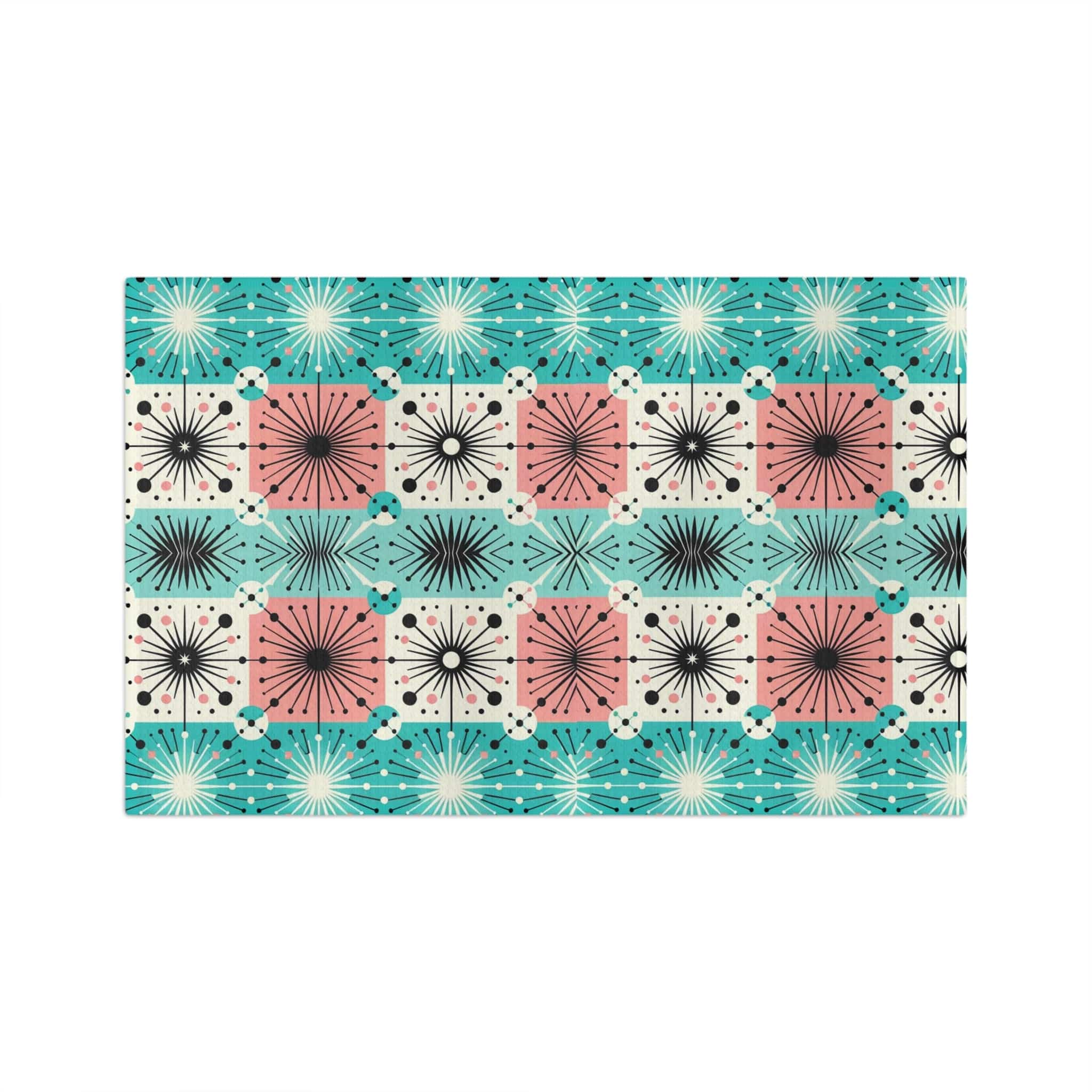 Mid Century Modern Tea Towel In Aqua Blue, Pink, Black, White Starbursts, Sputnik Designed Soft Tea Towel Home Decor 16&