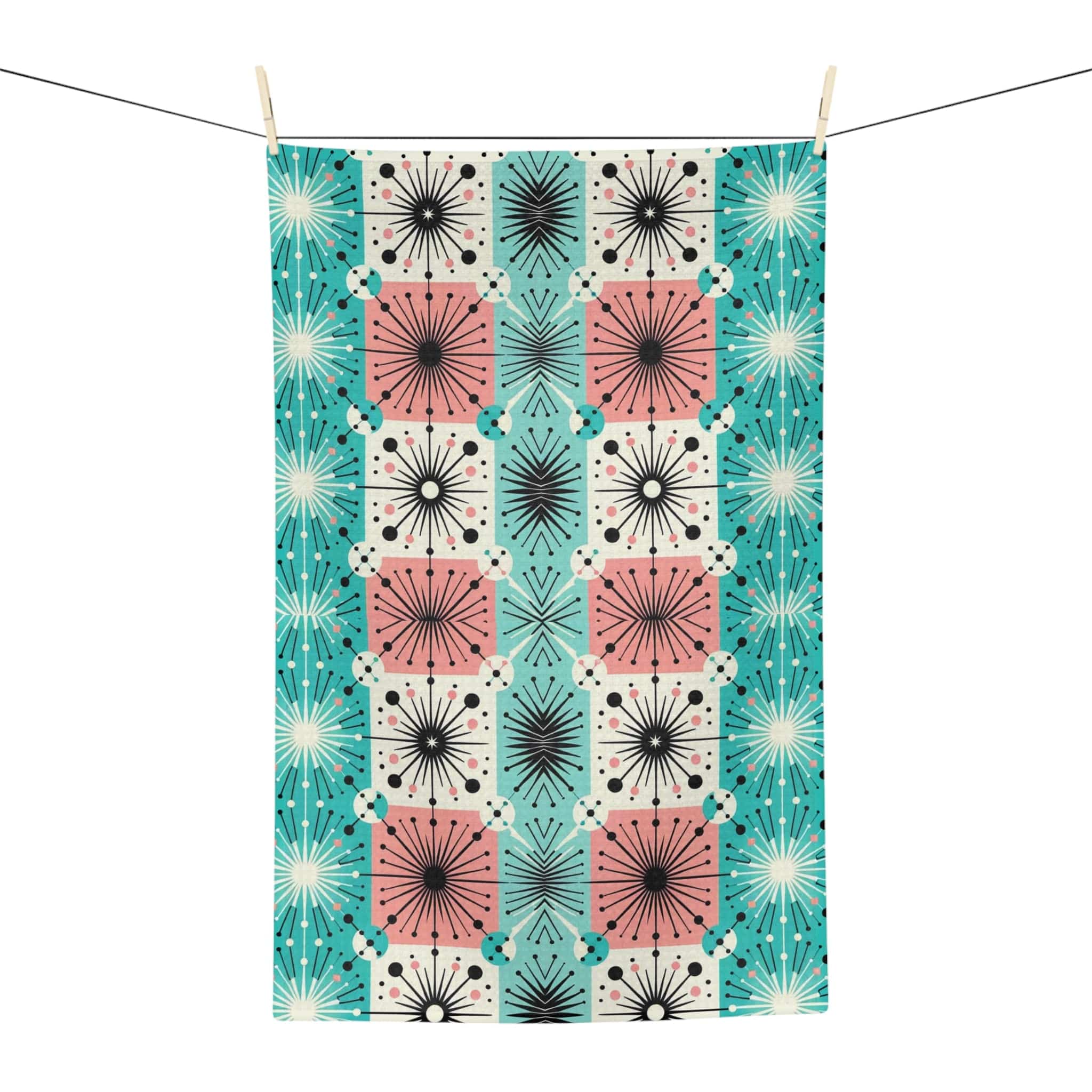 Mid Century Modern Tea Towel In Aqua Blue, Pink, Black, White Starbursts, Sputnik Designed Soft Tea Towel Home Decor 16&