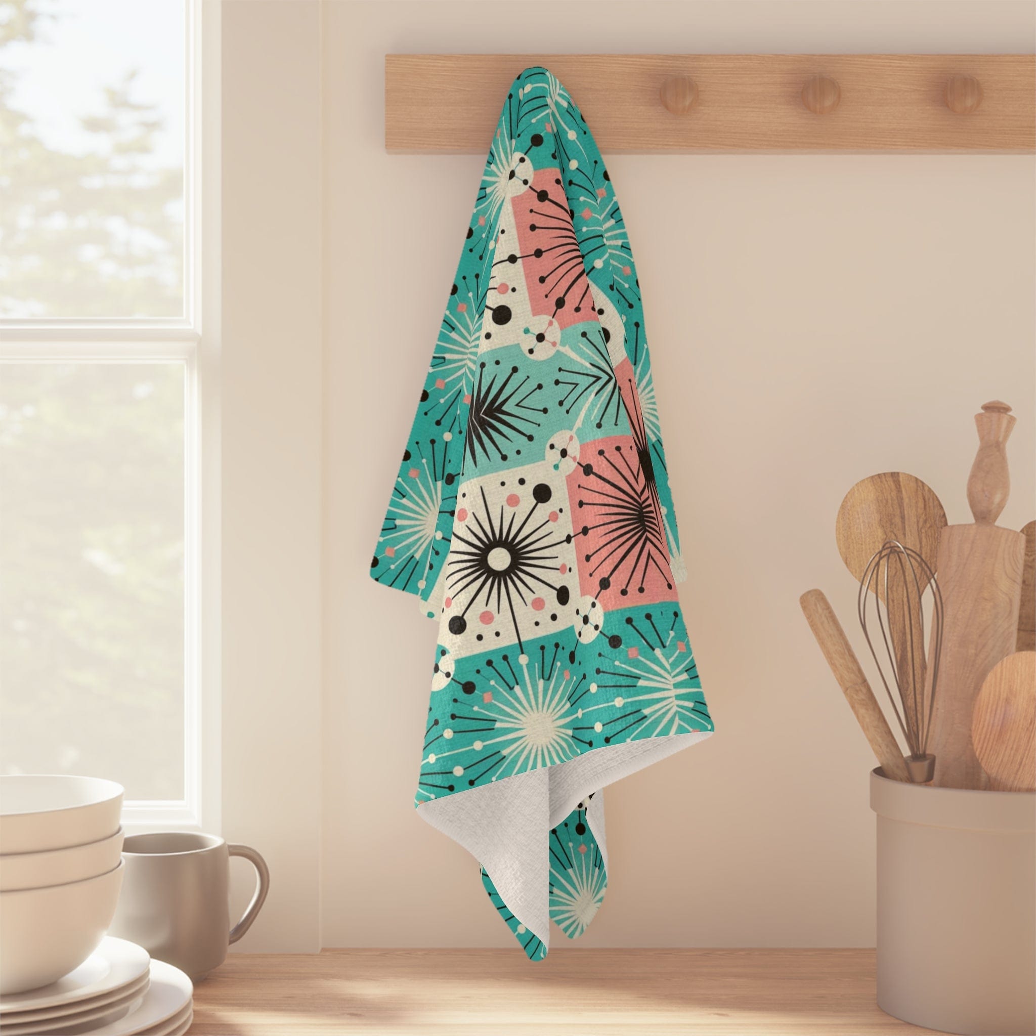 Mid Century Modern Tea Towel In Aqua Blue, Pink, Black, White Starbursts, Sputnik Designed Soft Tea Towel Home Decor 16&