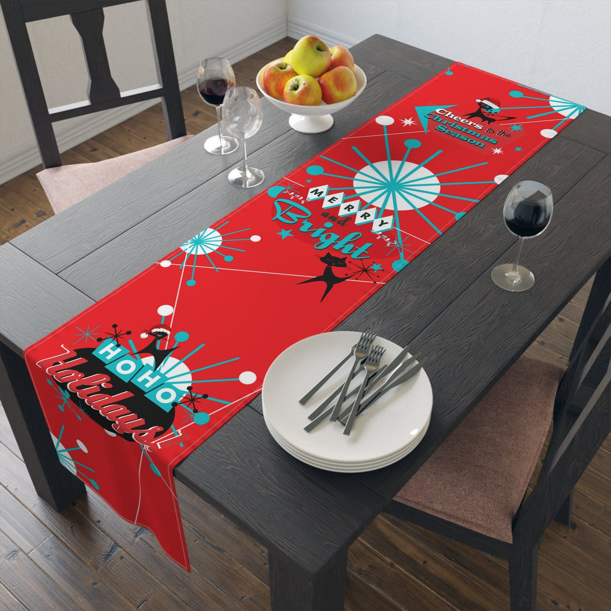 Atomic 50's Red, Atomic Cat, Holiday, Mid Mod Table Runner (Cotton, Poly) Home Decor 16" × 72" / Cotton Twill