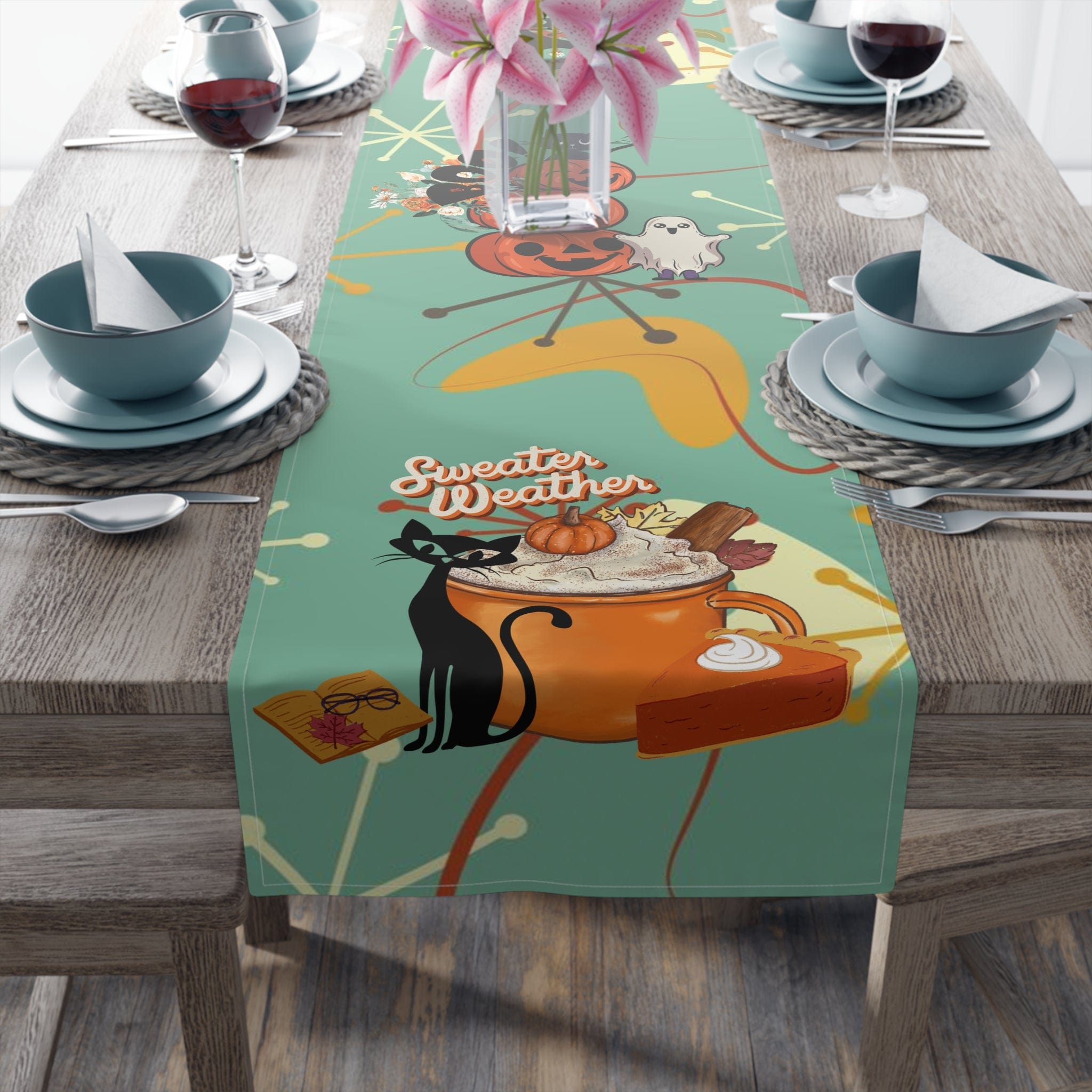Atomic Cat Kitchen, Diningroom Table Runner, Kitschy Fall, Halloween, Seasonal Mid Century Modern Table Runner Home Decor 16" × 72" / Cotton Twill