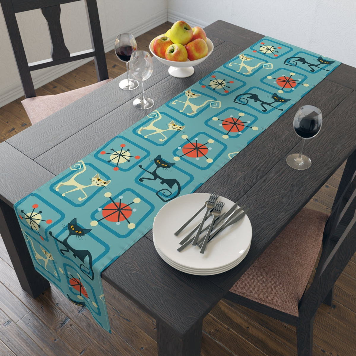 Atomic Cat, Kitschy Retro 50's Style Mid Century Modern Table Runner Home Decor 16" × 72" / Cotton Twill