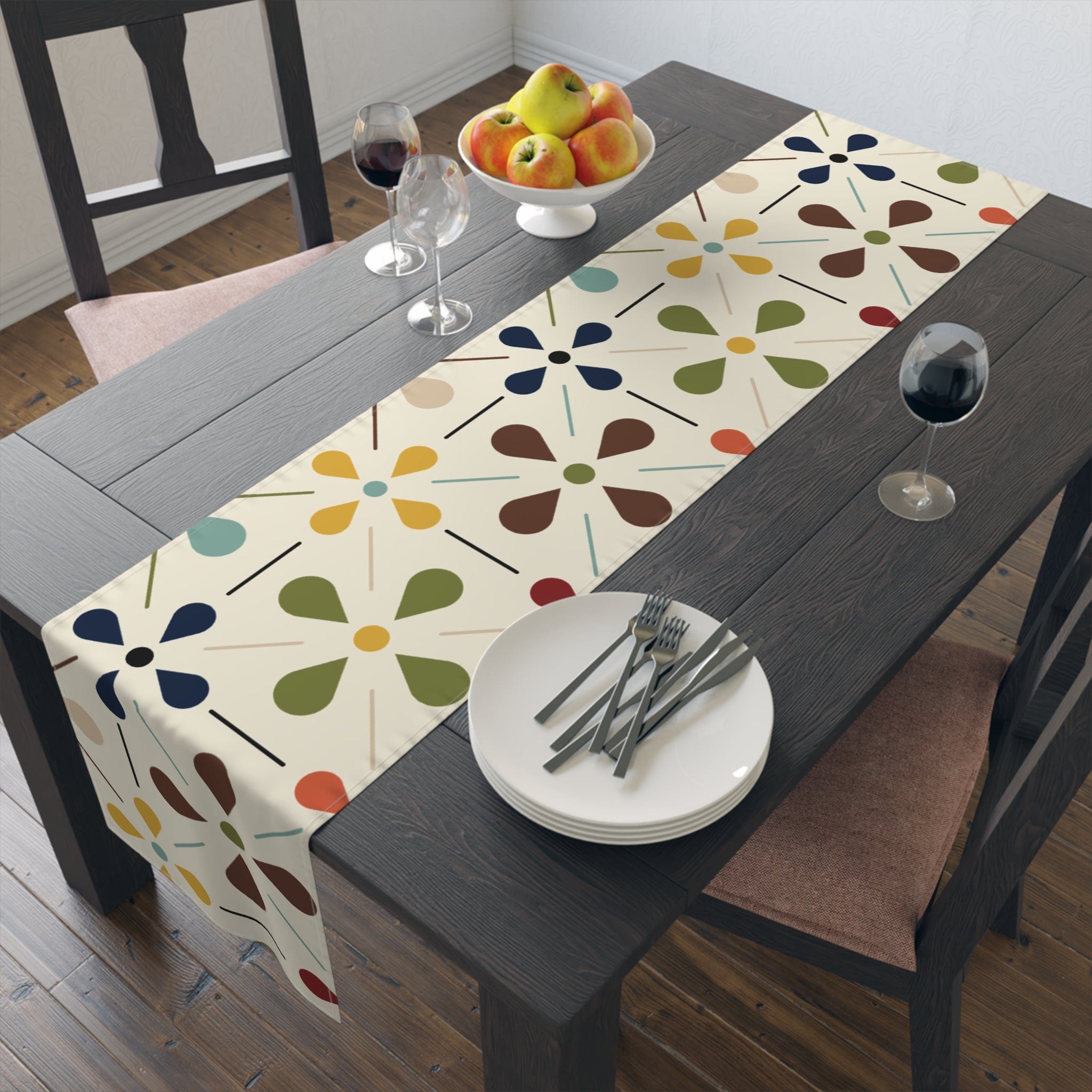 Mid Century Modern Table Runner, Scandinavian Flower, Modern Danish, Beige, Yellow, Green, Orange, Brown, Aqua, MCM Designs Home Decor 16" × 72" / Cotton Twill