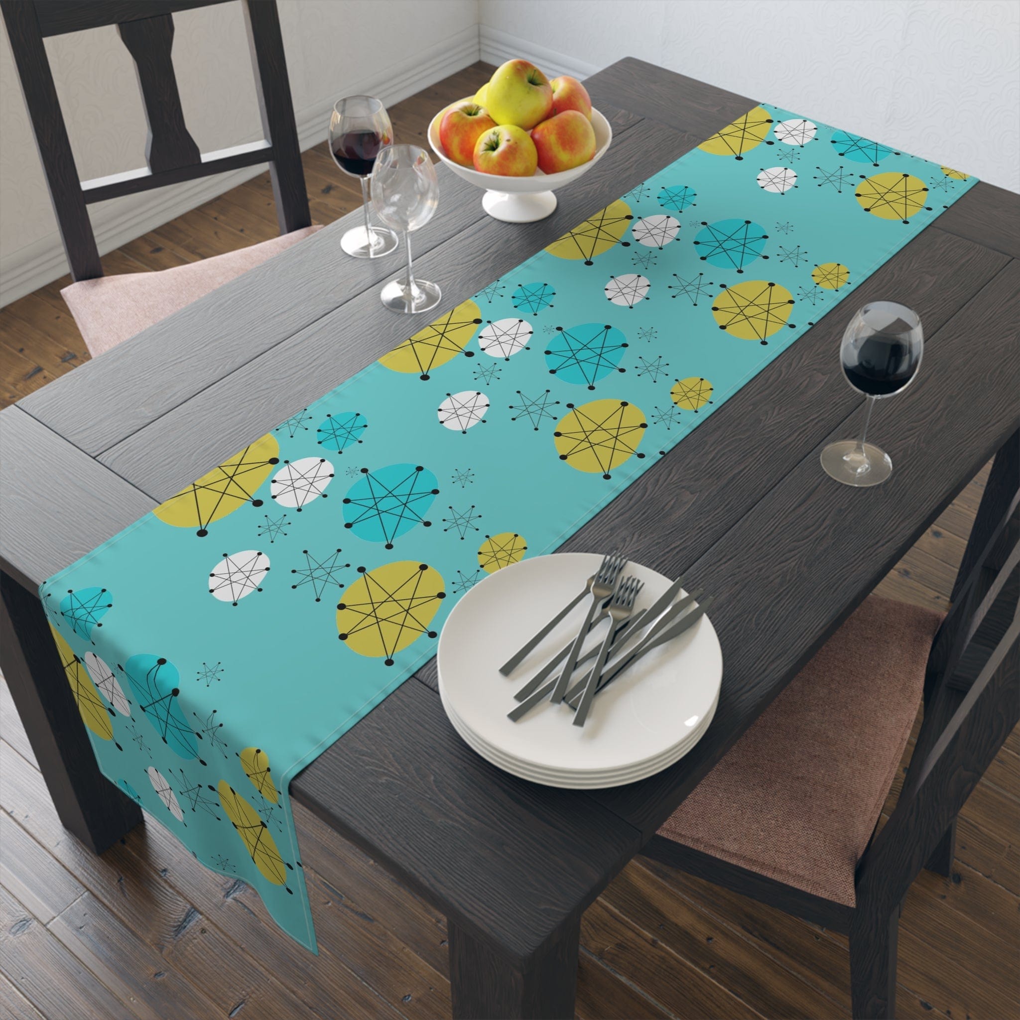 Vintage Franciscan Pattern Astro Starbursts, Aqua Blue, Green, White, Festive Mid Century Modern Table Runner Home Decor 16" × 72" / Cotton Twill