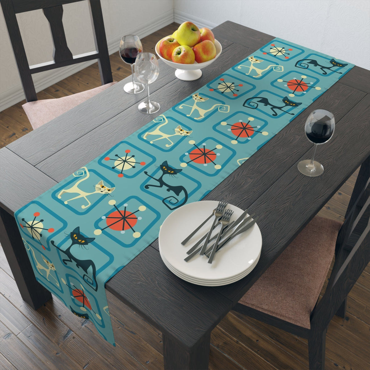 Atomic Cat, Kitschy Retro 50's Style Mid Century Modern Table Runner Home Decor 16" × 72" / Polyester
