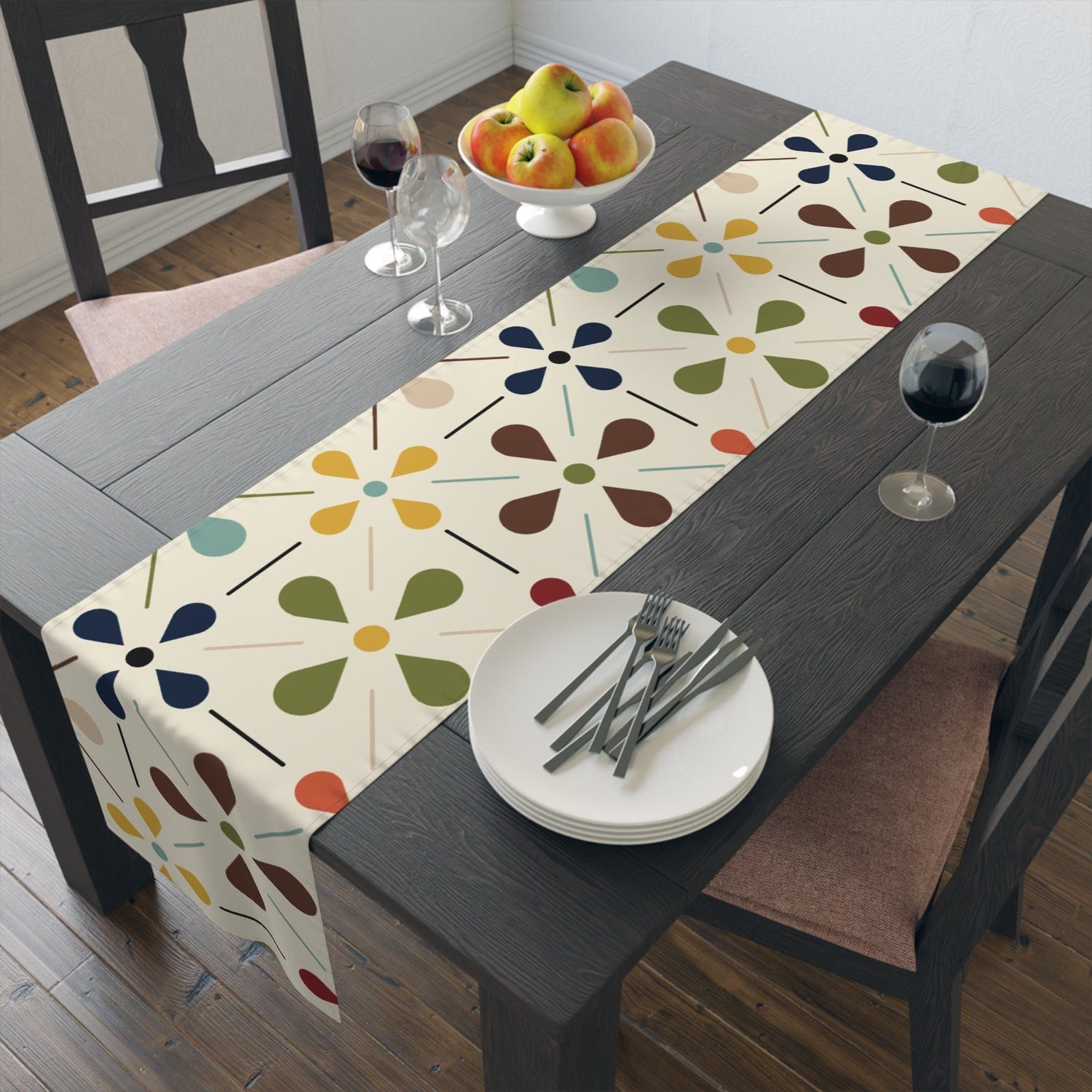 Mid Century Modern Table Runner, Scandinavian Flower, Modern Danish, Beige, Yellow, Green, Orange, Brown, Aqua, MCM Designs Home Decor 16" × 72" / Polyester
