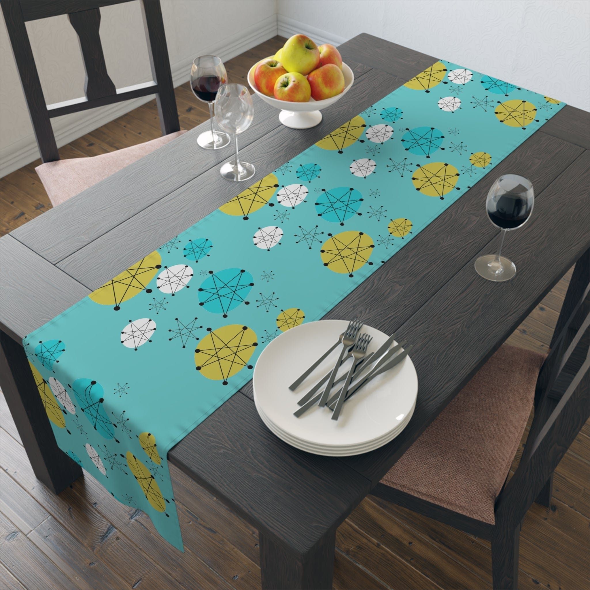 Vintage Franciscan Pattern Astro Starbursts, Aqua Blue, Green, White, Festive Mid Century Modern Table Runner Home Decor 16" × 72" / Polyester