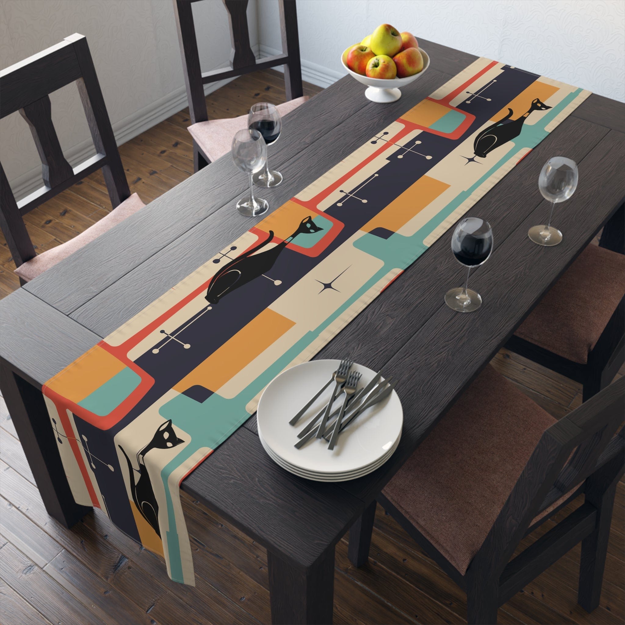 Mid Century Modern Atomic Cat, Retro Table Runner Home Decor 16" × 90" / Cotton Twill