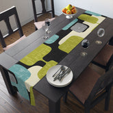 Mid Century Modern Table Runner, Geo Pattern, Black, Gray, Green Aqua Mod Table Setting Home Decor 16" × 90" / Cotton Twill Mid Century Modern Gal