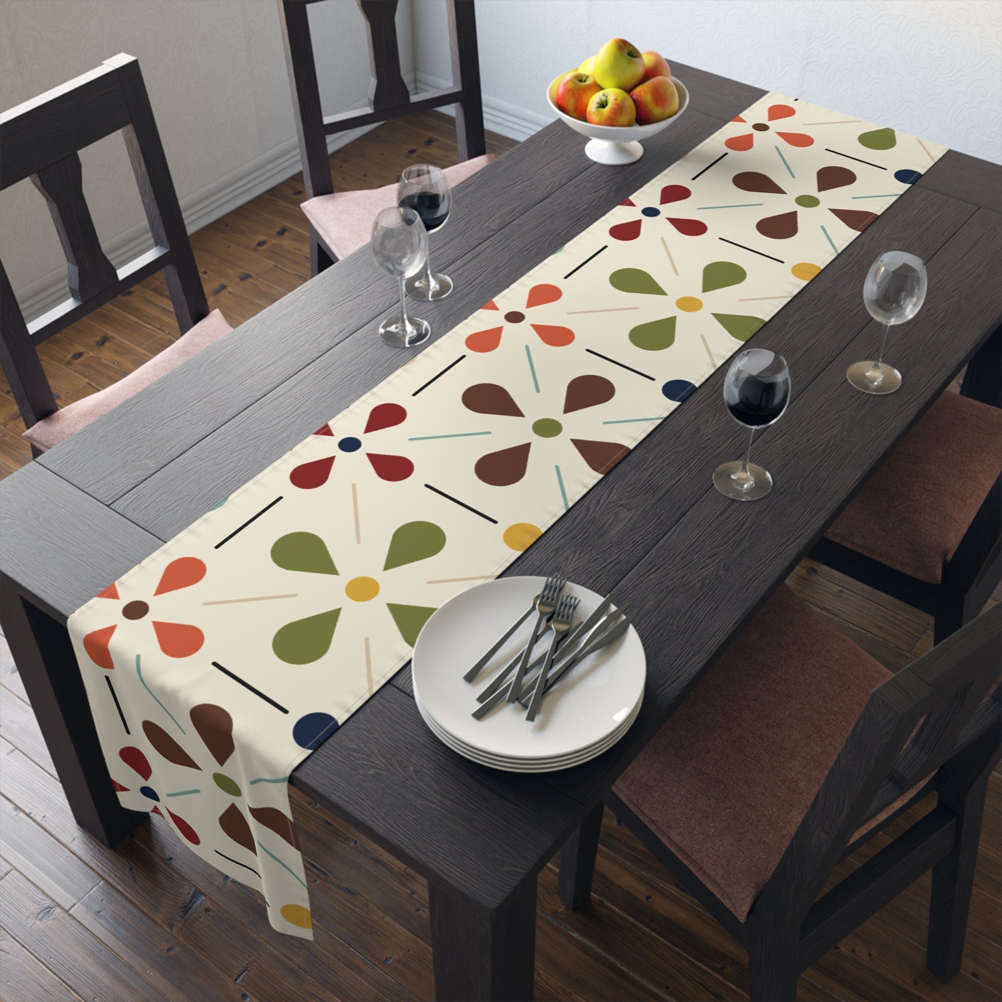 Mid Century Modern Table Runner, Scandinavian Flower, Modern Danish, Beige, Yellow, Green, Orange, Brown, Aqua, MCM Designs Home Decor 16" × 90" / Cotton Twill