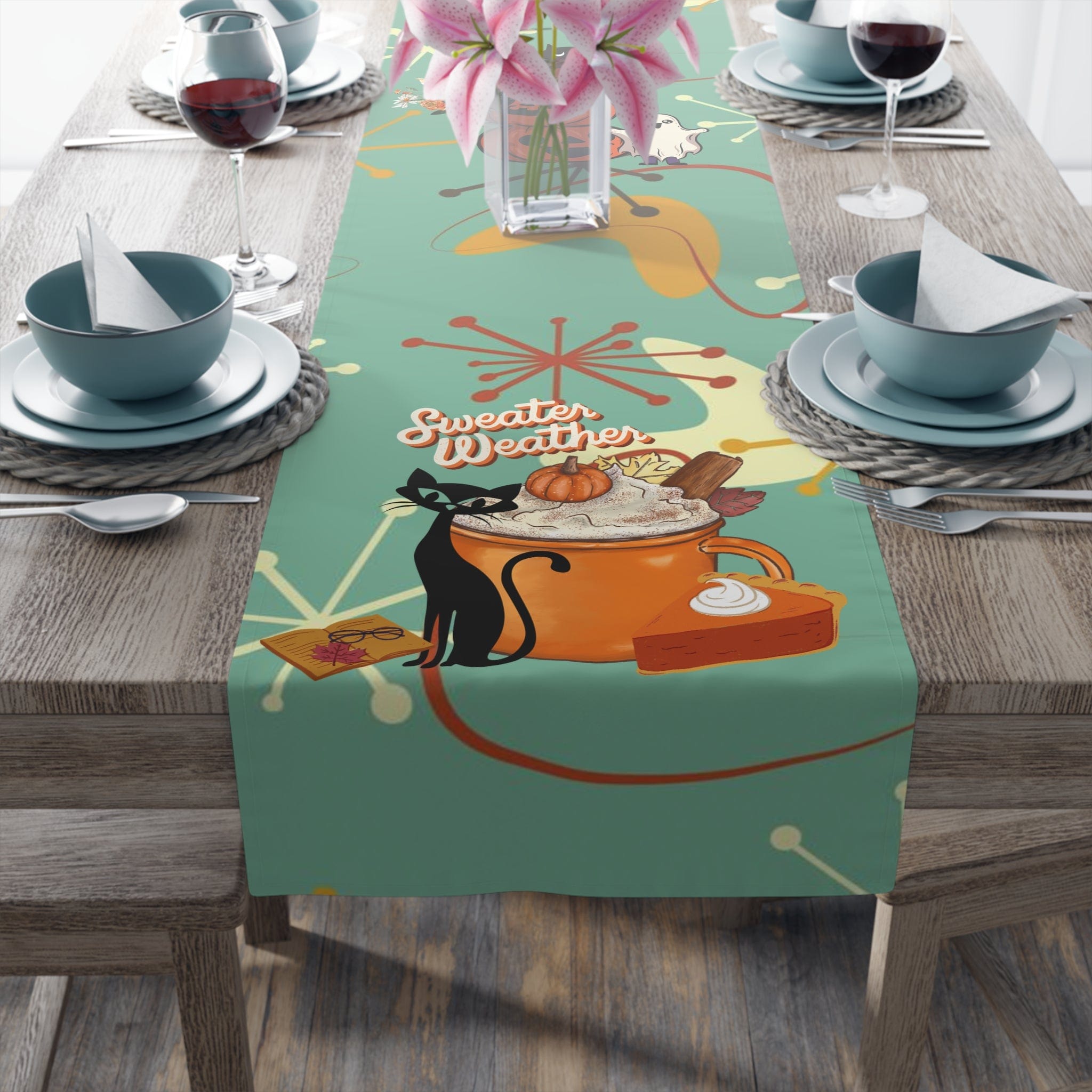Atomic Cat Kitchen, Diningroom Table Runner, Kitschy Fall, Halloween, Seasonal Mid Century Modern Table Runner Home Decor 16" × 90" / Polyester