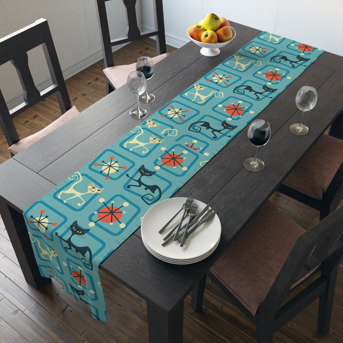 Atomic Cat, Kitschy Retro 50's Style Mid Century Modern Table Runner Home Decor 16" × 90" / Polyester