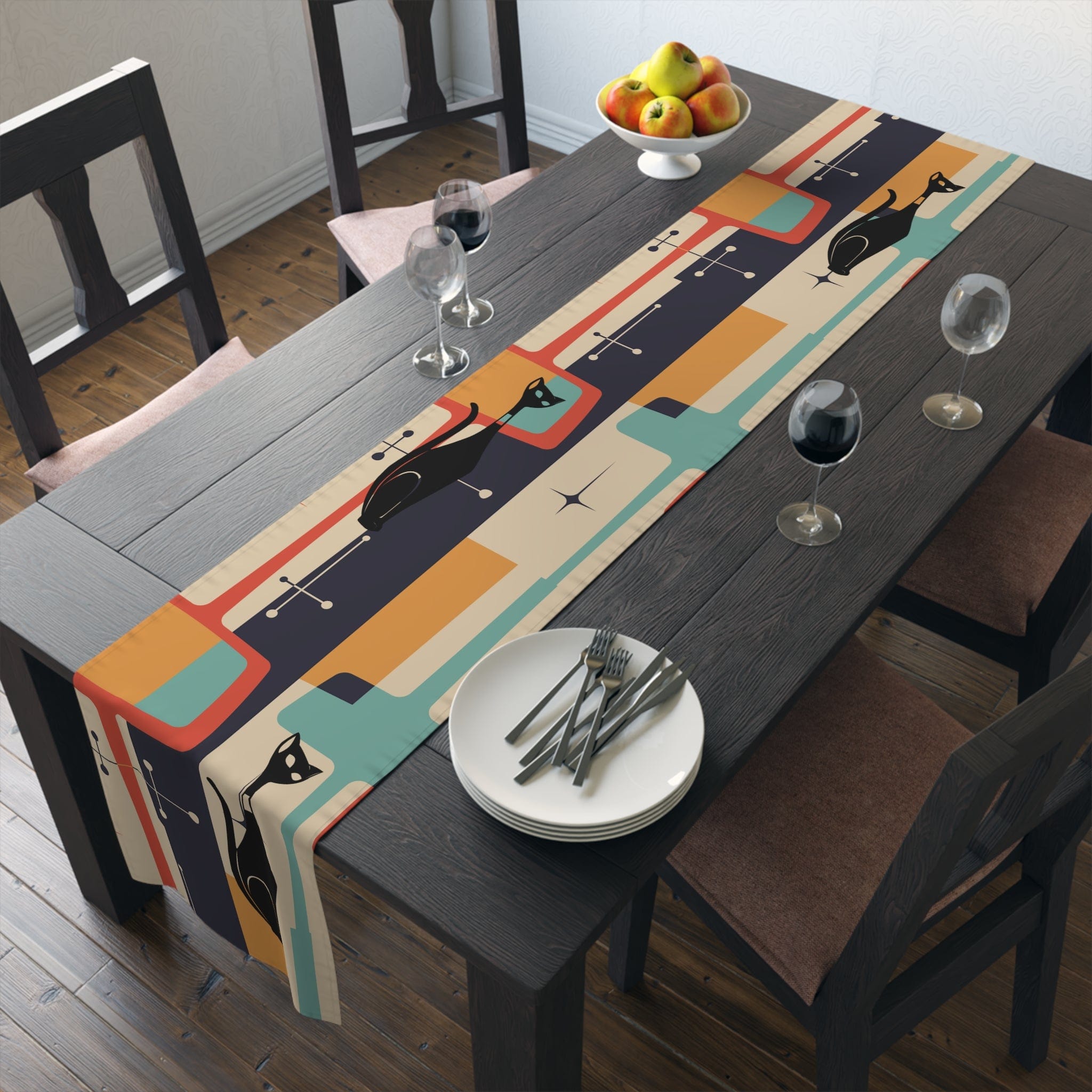 Mid Century Modern Atomic Cat, Retro Table Runner Home Decor 16" × 90" / Polyester