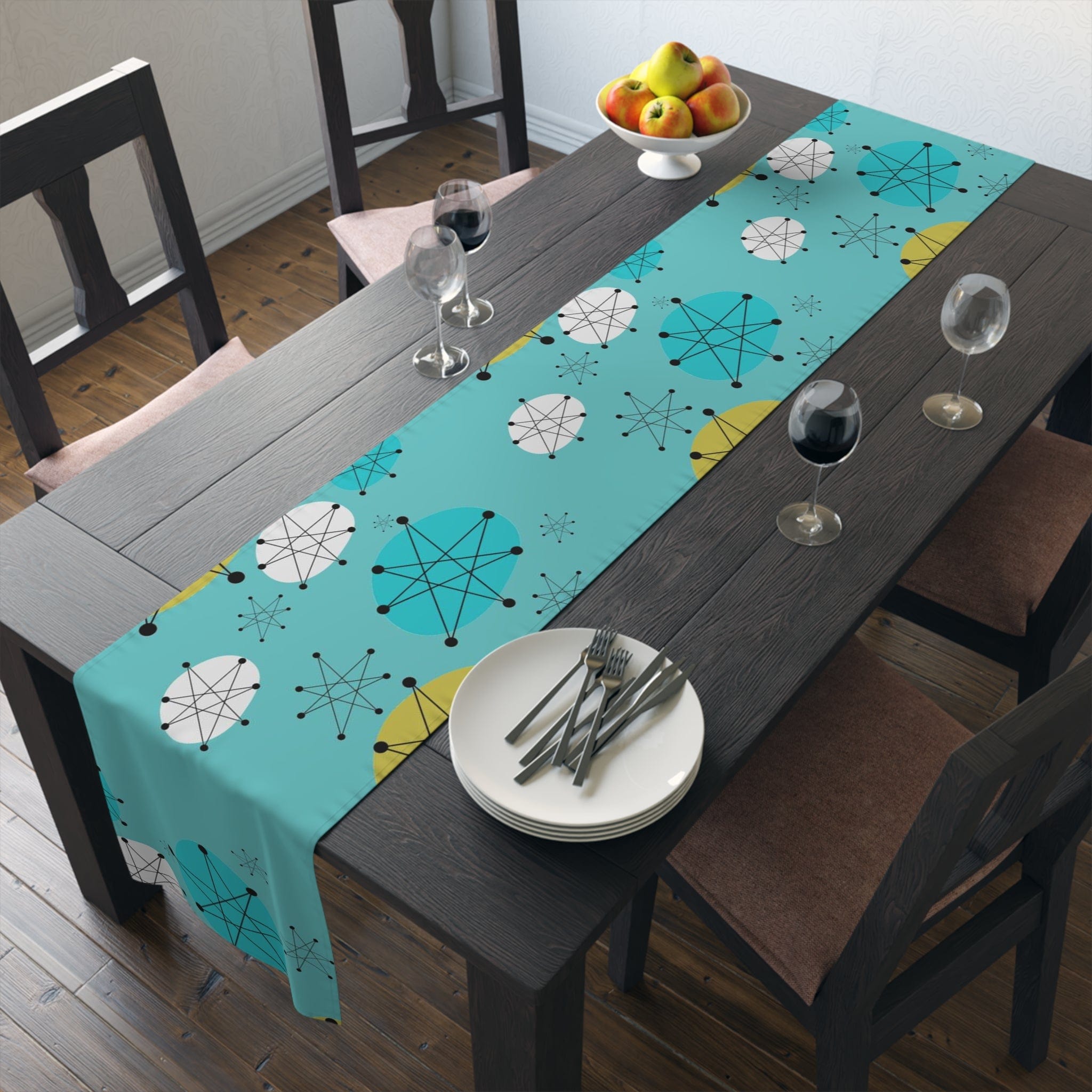 Vintage Franciscan Pattern Astro Starbursts, Aqua Blue, Green, White, Festive Mid Century Modern Table Runner Home Decor 16" × 90" / Polyester
