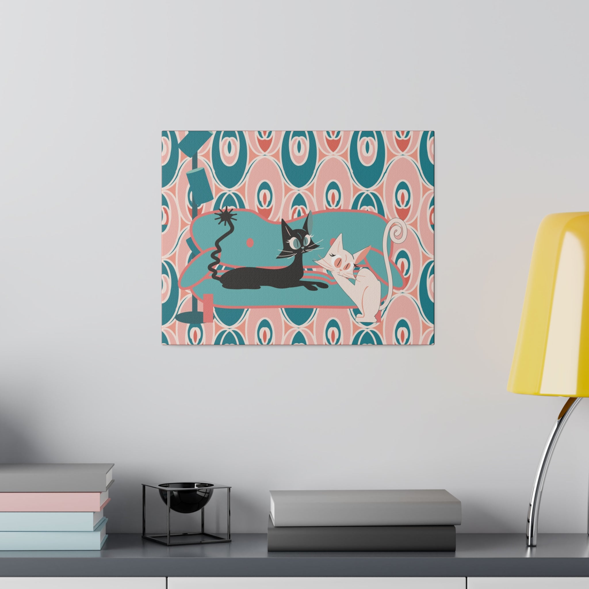 Atomic Cat Wall Art, Teak, Pink, Mid Century Modern Wall Art - Mid Century Modern Gal