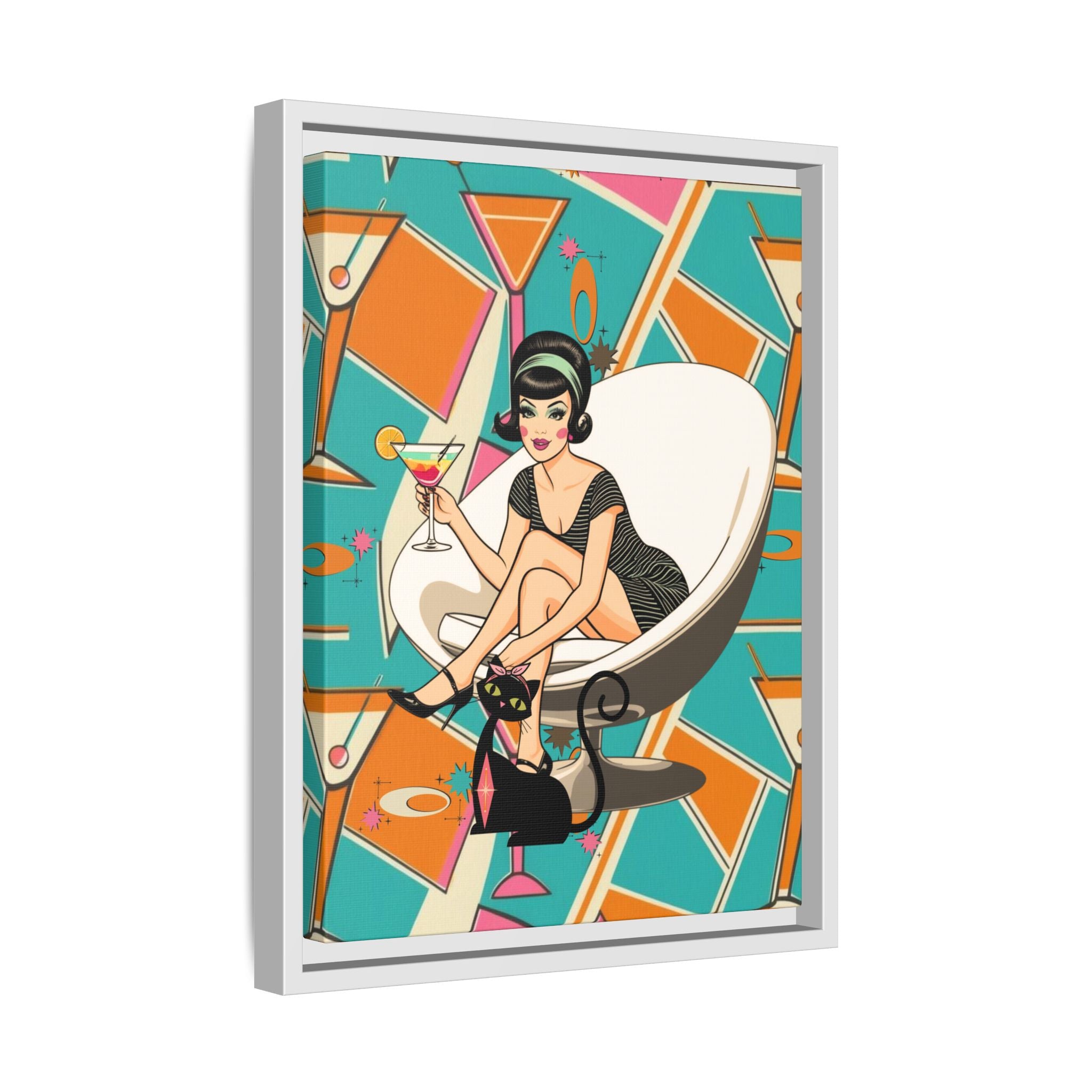 Mid Mod 60s Gal, Atomic Cat Barware Wall Art - Framed Matte Canvas with Vintage Cocktail And Retro Cat Design