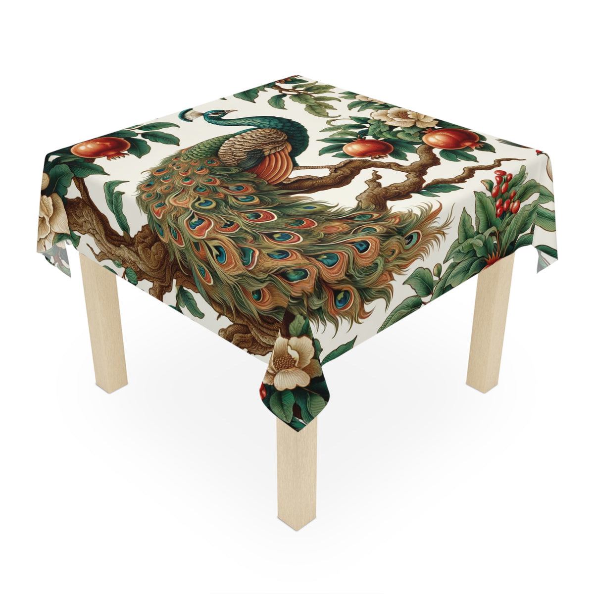 Asian Chinoiserie Peacock Floral Green Tablecloth, Vintage Roses On Pomegranate Tree Chinoiserie Fits Round or Square Table - Mid Century Modern Gal