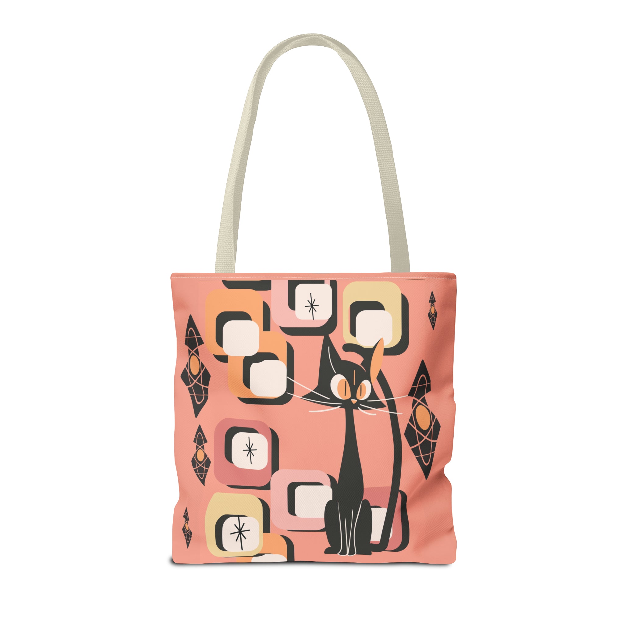 Atomic Cat Tote Bag, Coral Color, Mid Century Modern Geometric Designs, Mid Mod Retro Apparel