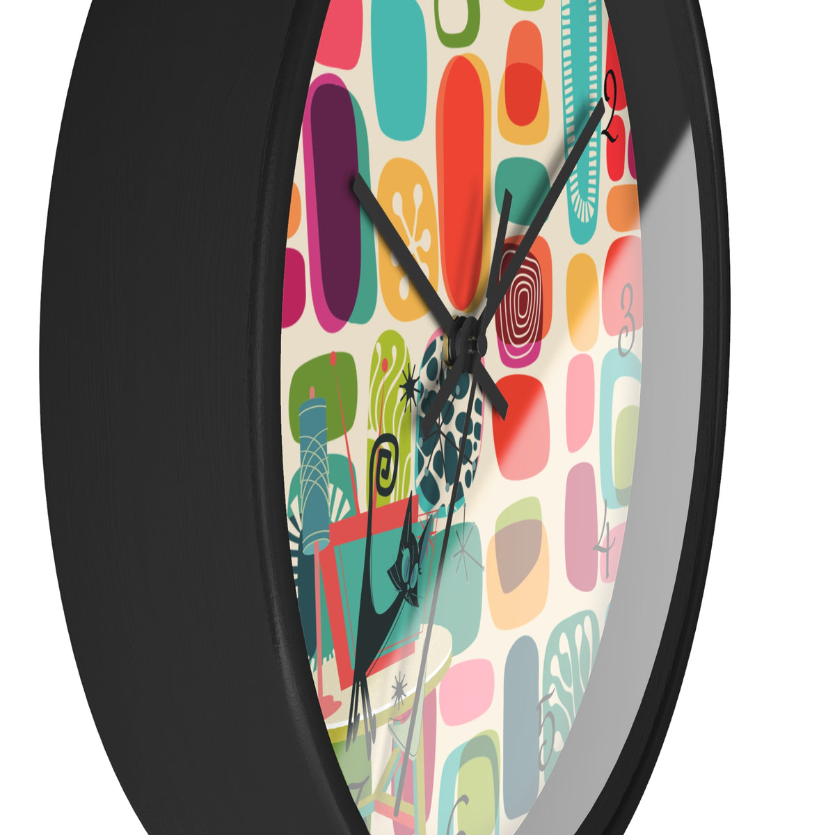 Mid Mod Amoeba Design With Kitschy Atomic Cat, Quirky Fun Retro Wall Clock - Mid Century Modern Gal