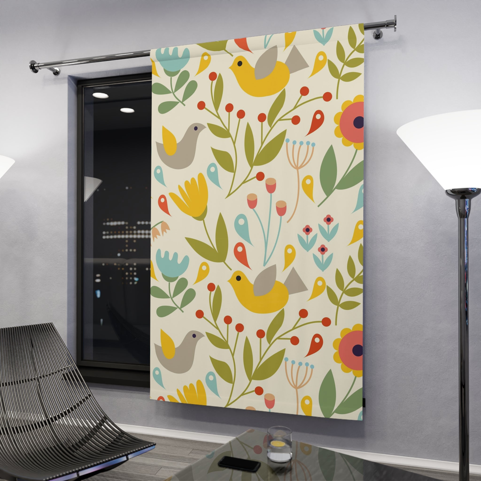 Folk Art, Modern Danish Hygge, Scandinavian, Norwegian, Bird, Floral, Yellow, Orange, Green, Window Curtains (1 Piece) - Mid Century Modern Gal