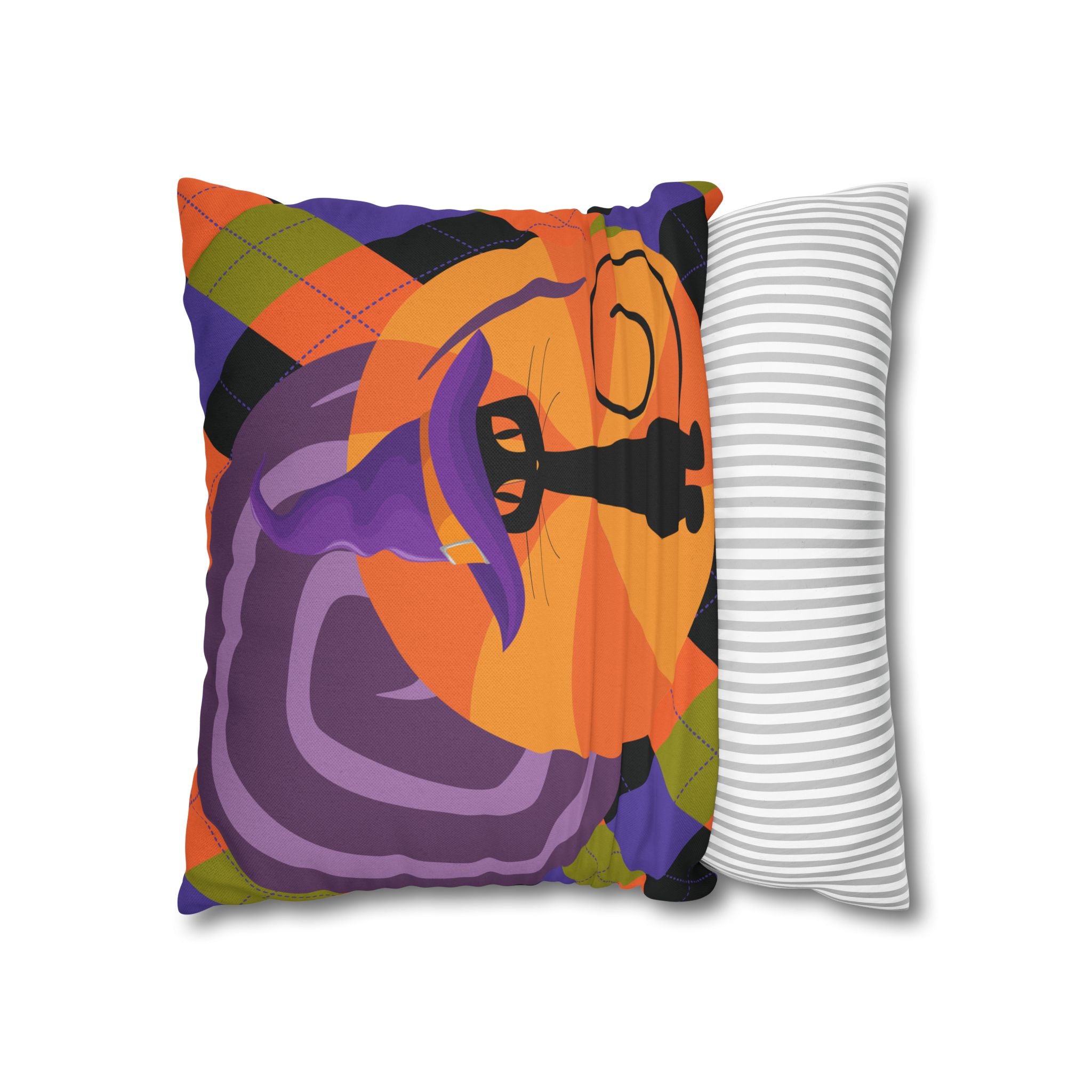 Atomic Cat Harlequin Pattern Orange Purple Black, Kitschy Halloween Pillow Cover - Mid Century Modern Gal
