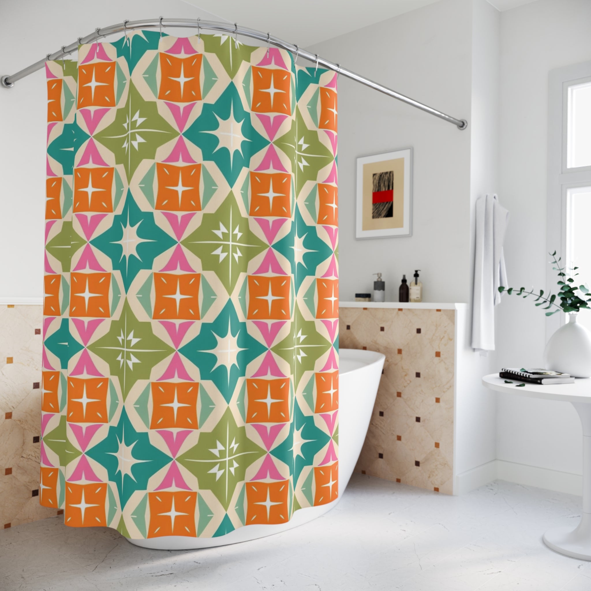Mid Century Modern Atomic Diamond Starburst, Vibrant Geometric Shower Curtain - Colorful Modern Bathroom Decor - Mid Century Modern Gal