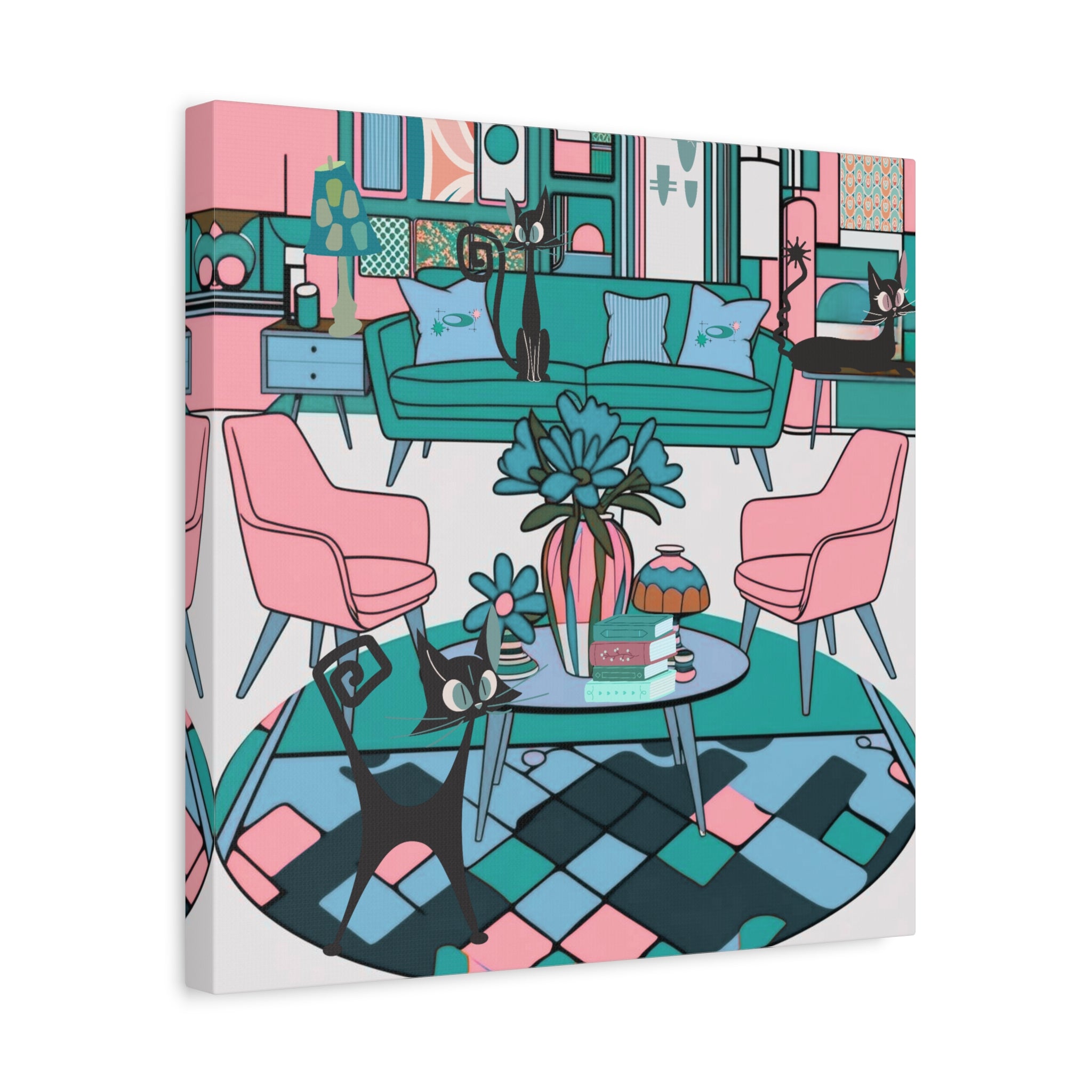 Atomic Cat Mid Century Modern Wall Art Colorful Cat-Themed Canvas Art - Mid Century Modern Gal