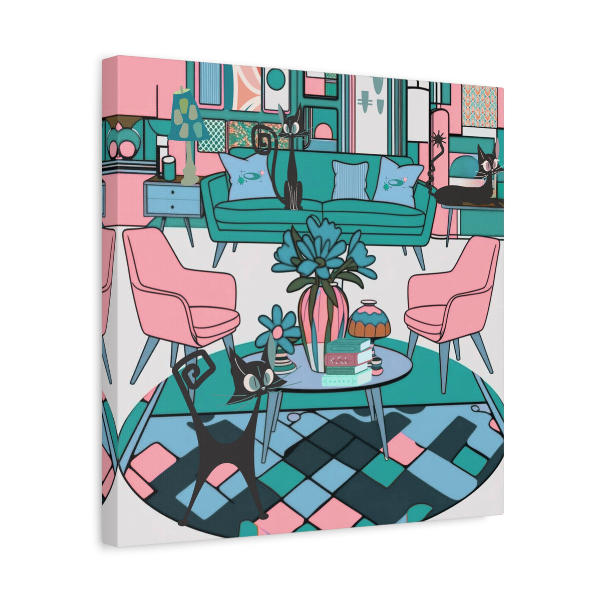 Atomic Cat Mid Century Modern Wall Art Colorful Cat-Themed Canvas Art - Mid Century Modern Gal