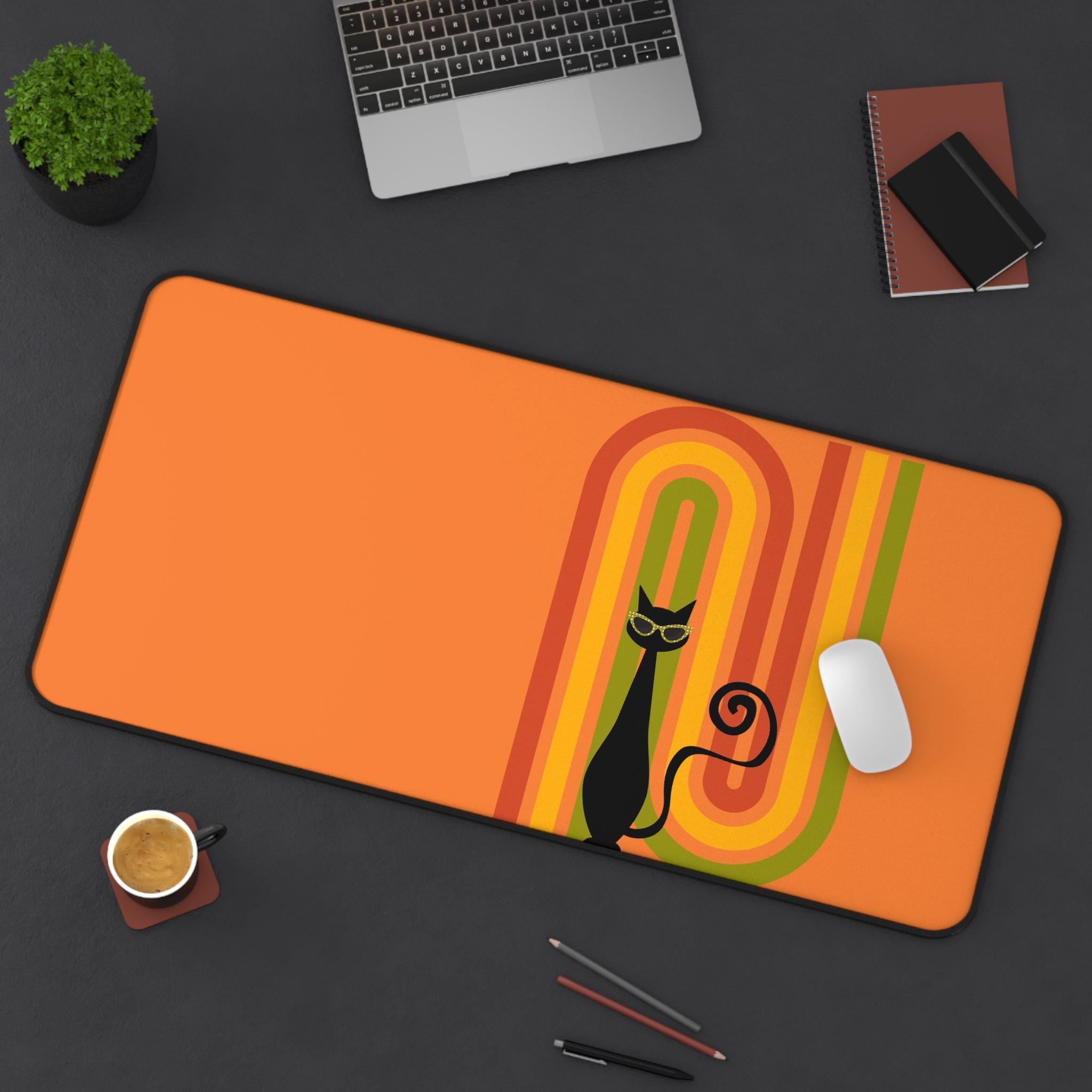 Atomic Cat Retro Orange Groovy Rainbow Mid Century Modern Desk Mat - Mid Century Modern Gal