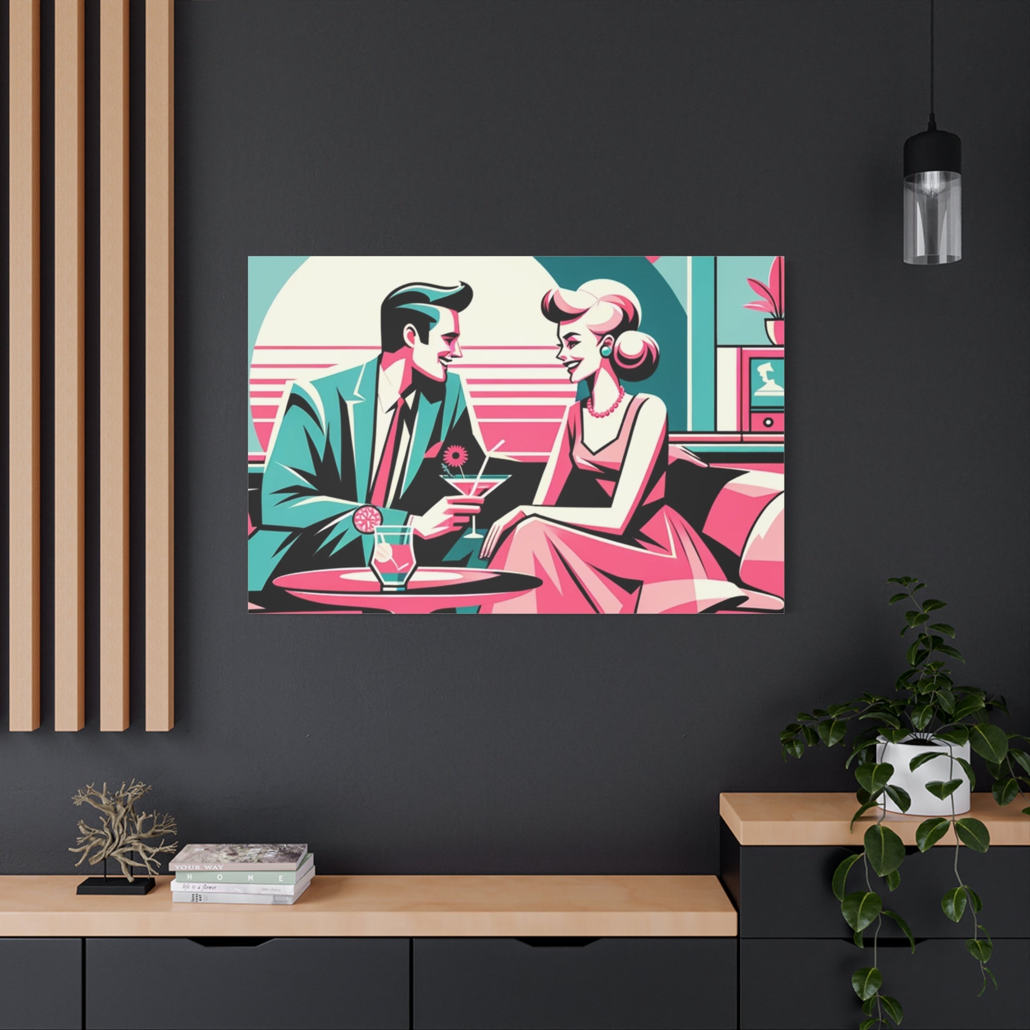 Mid Mod Retro Romance Pink, Aqua Teal Kitschy Mod Wall Art - Vintage Couple Design - Mid Century Modern Gal