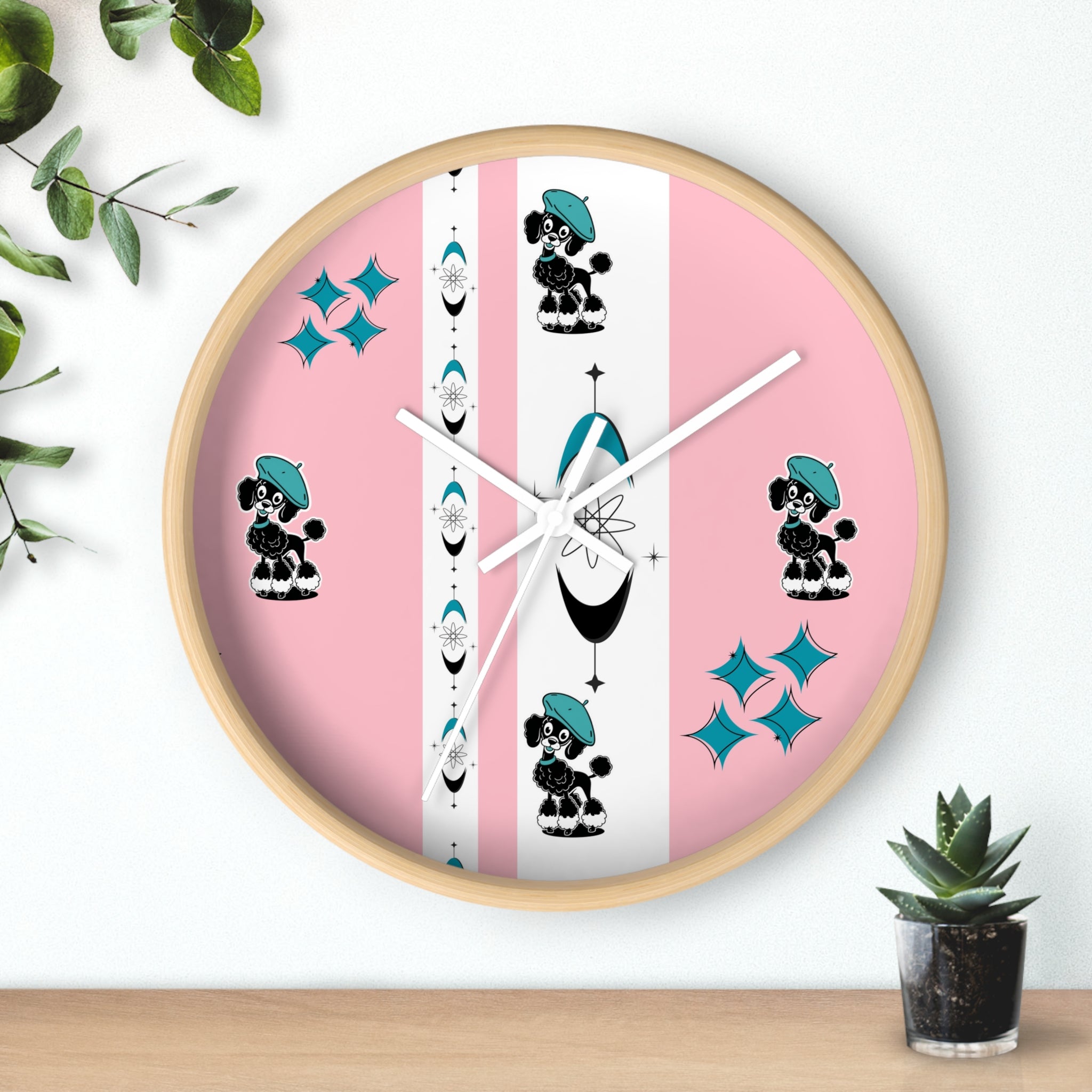 Mid Century Modern Atomic Pink Starburst Wall Clock with Cute Retro Mod Poodle Design - Mid Century Modern Gal