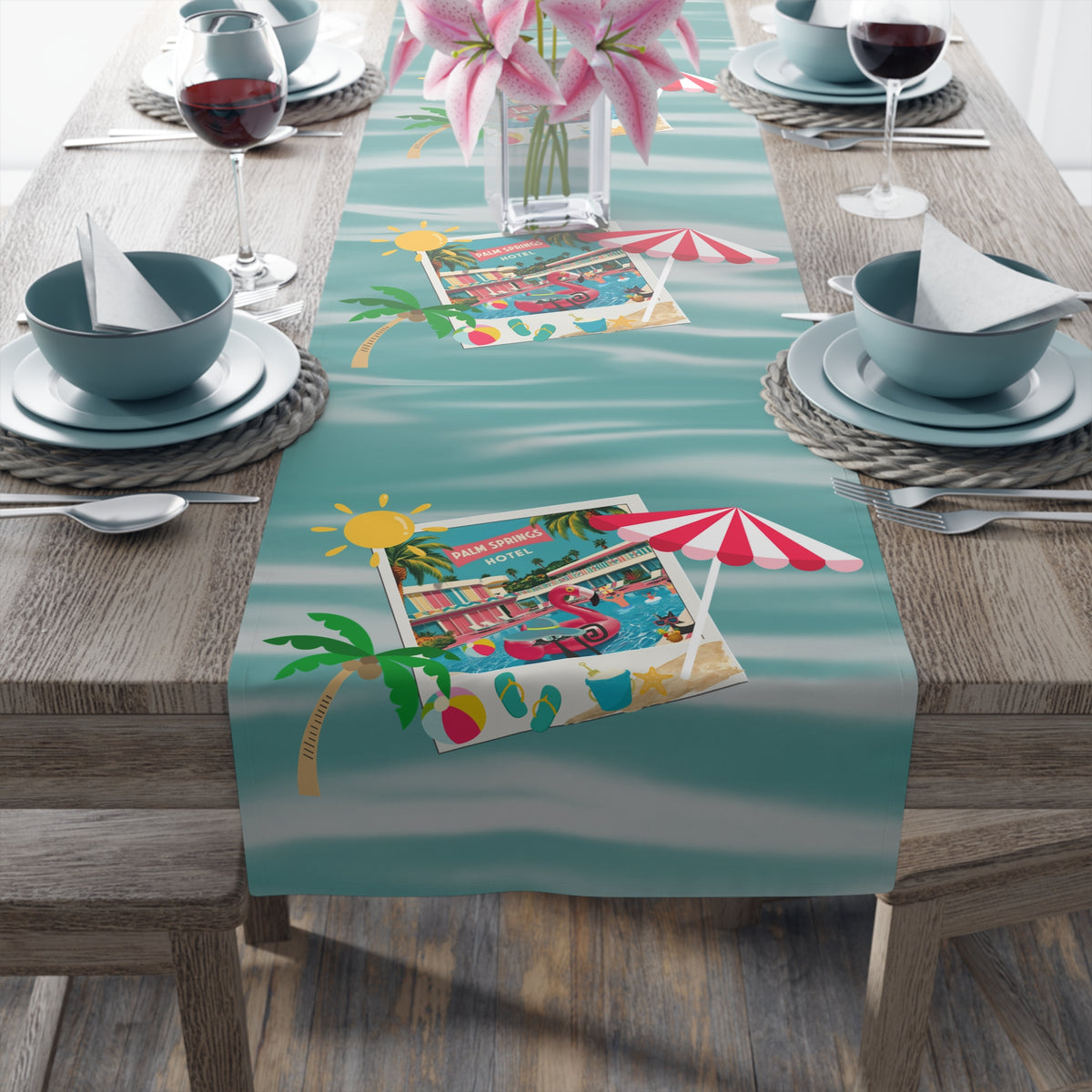 Hotel California, Kitschy Mod Flamingo Atomic Cat, Mid Mod Party Tropical Paradise Table Runner - Mid Century Modern Gal