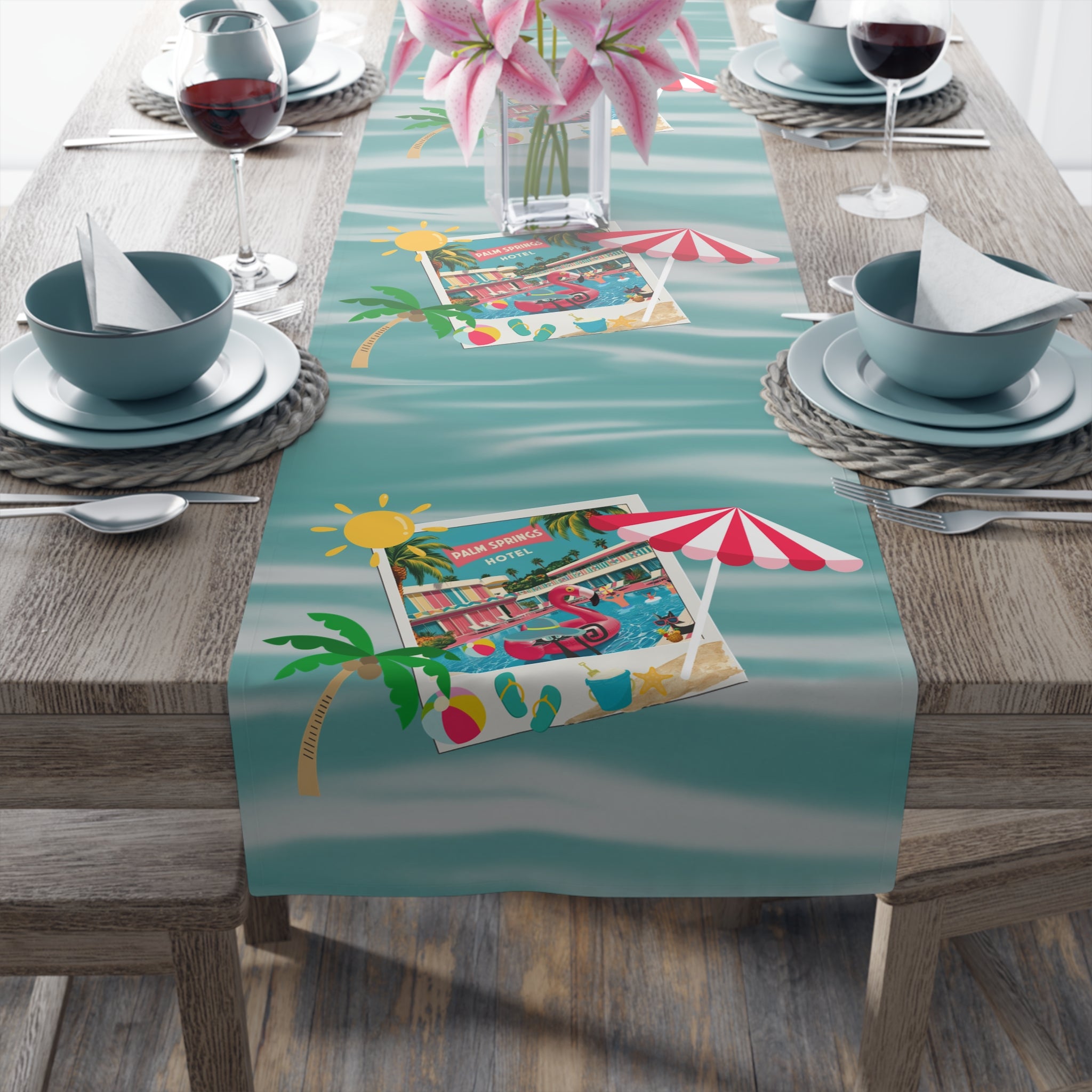 Hotel California, Kitschy Mod Flamingo Atomic Cat, Mid Mod Party Tropical Paradise Table Runner - Mid Century Modern Gal