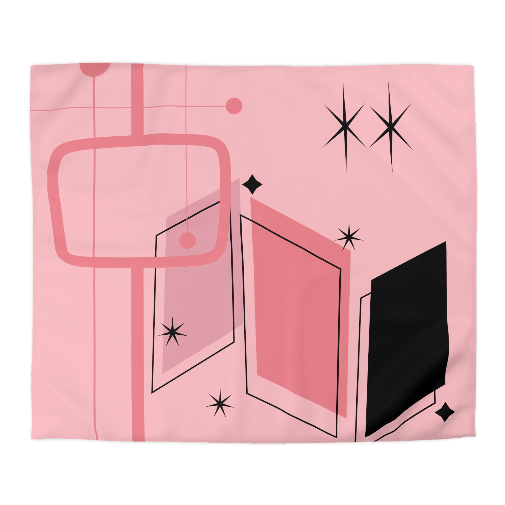 Atomic Pink Mid Century Modern Duvet Cover, Black, Starburst Geometric Retro Room Decor - Mid Century Modern Gal
