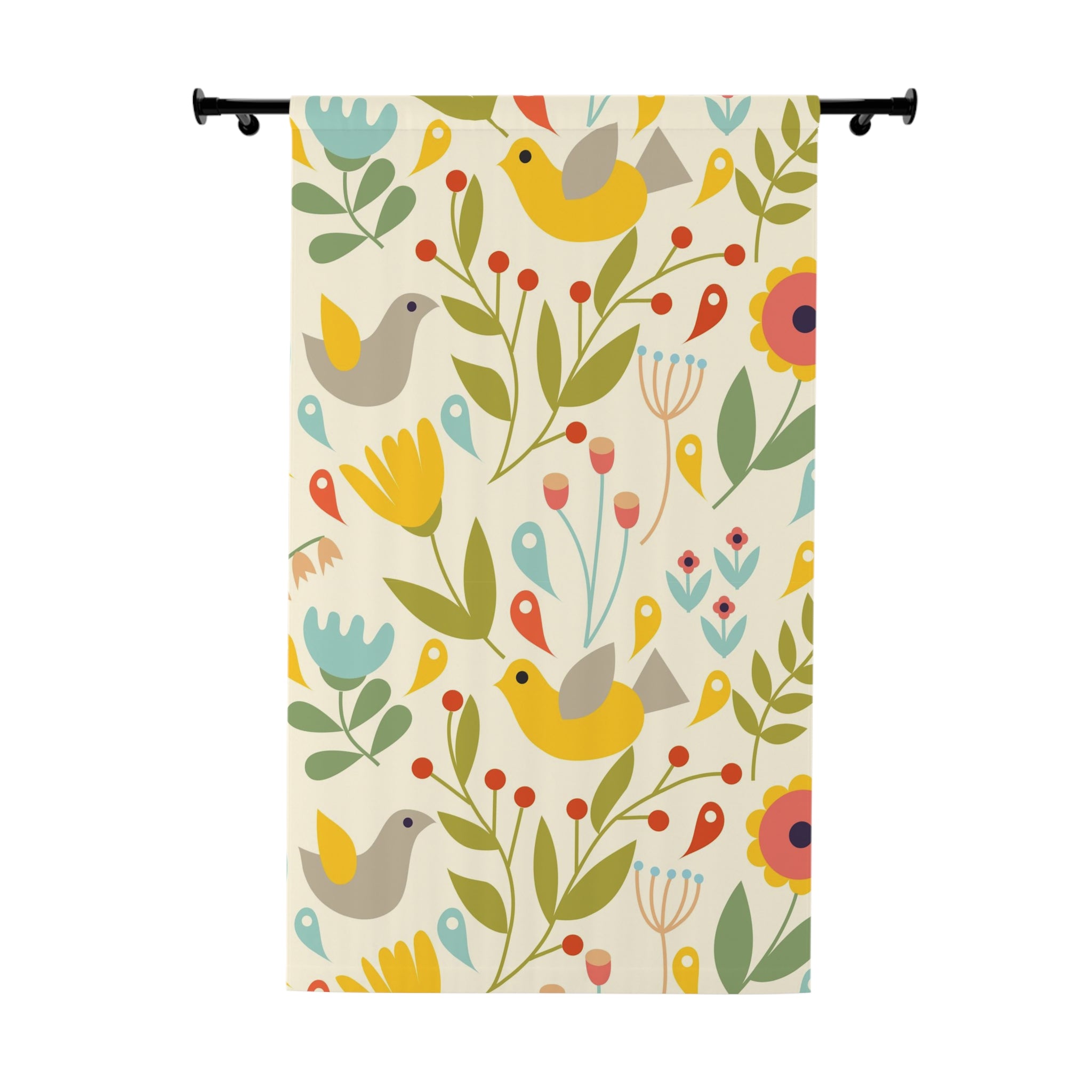 Folk Art, Modern Danish Hygge, Scandinavian, Norwegian, Bird, Floral, Yellow, Orange, Green, Window Curtains (1 Piece) - Mid Century Modern Gal
