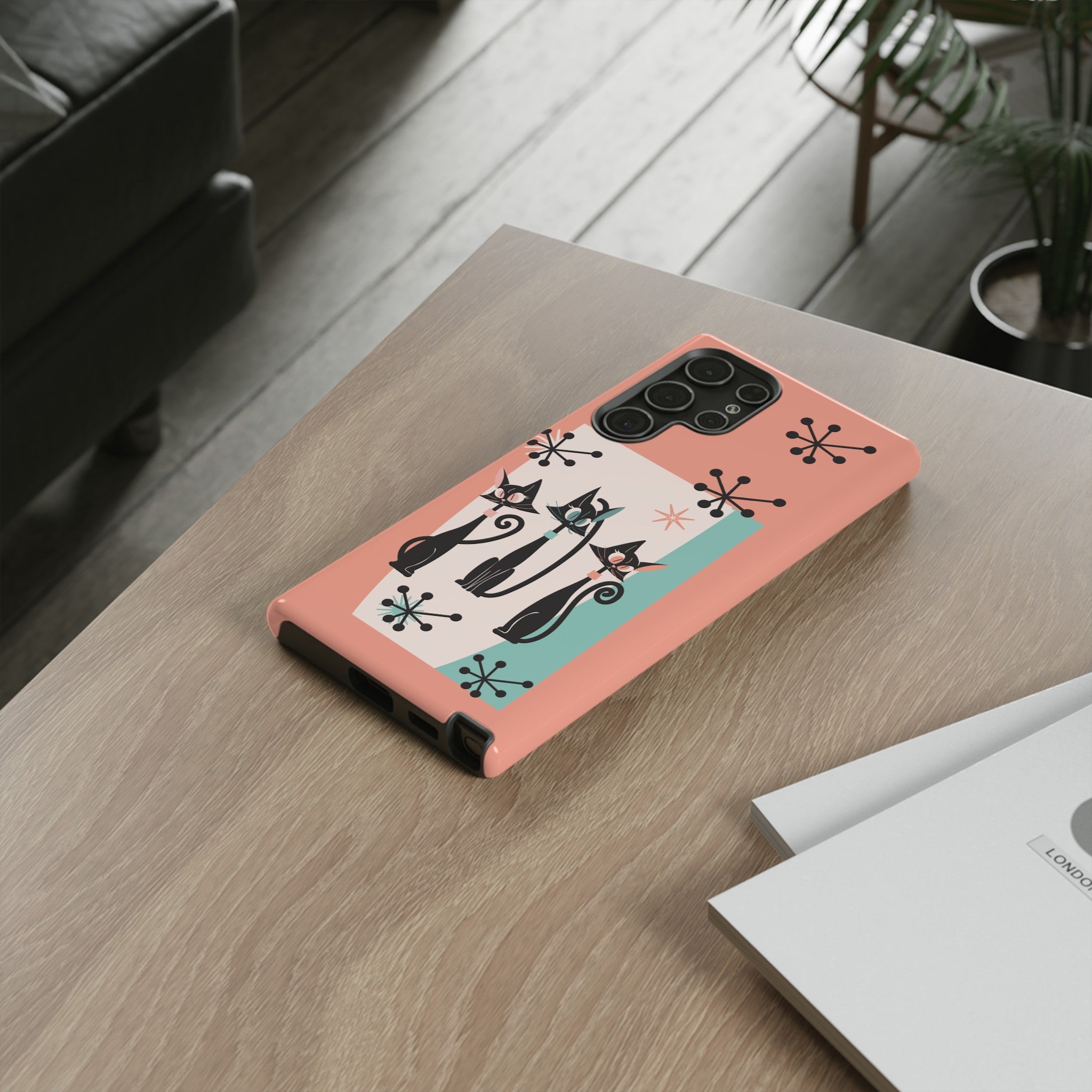 Atomic Cat Mid Mod Coral Aqua Blue Starburst Kitschy Fun Chic Samsung, Smart Phones Tough Cases - Mid Century Modern Gal