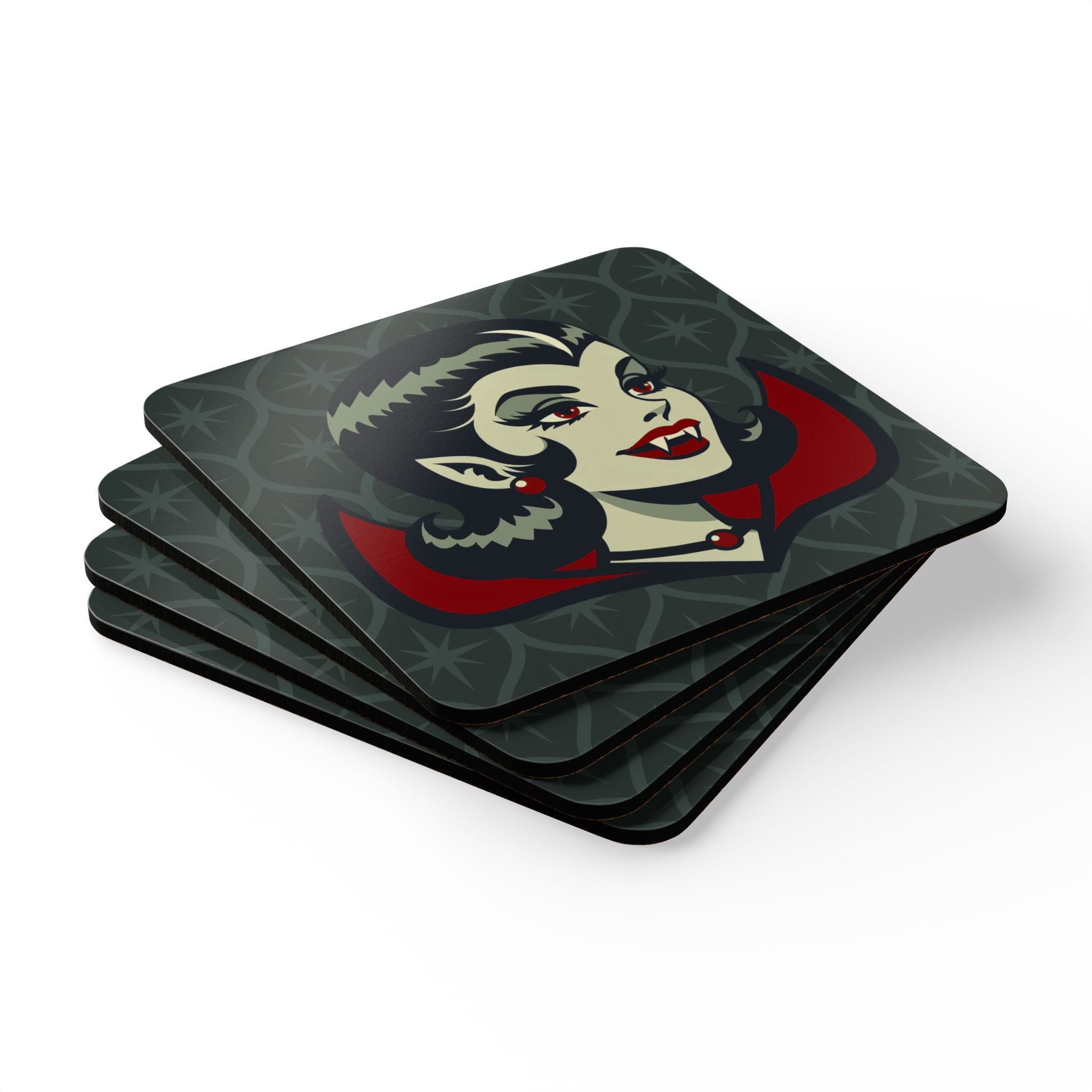 Vampire Dracula Girl Halloween Goth Horror Buff MCM Green Corkwood Coaster Set - Mid Century Modern Gal