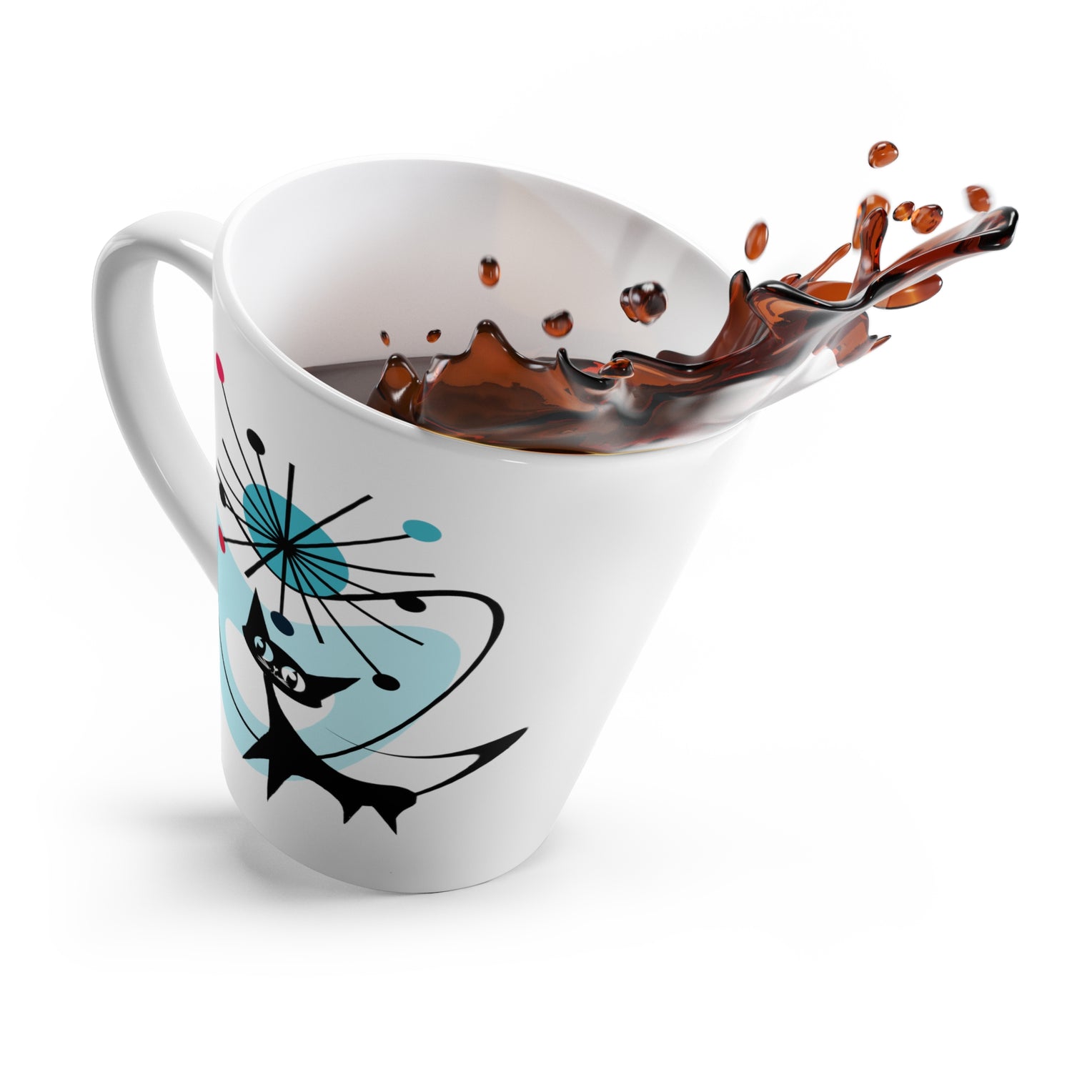 Atomic Cat Latte Mug, Starburst, Atomic Boomerang, Black Cat Lover, Aqua Blue, Kitschy Coffee Tea Mug - Mid Century Modern Gal