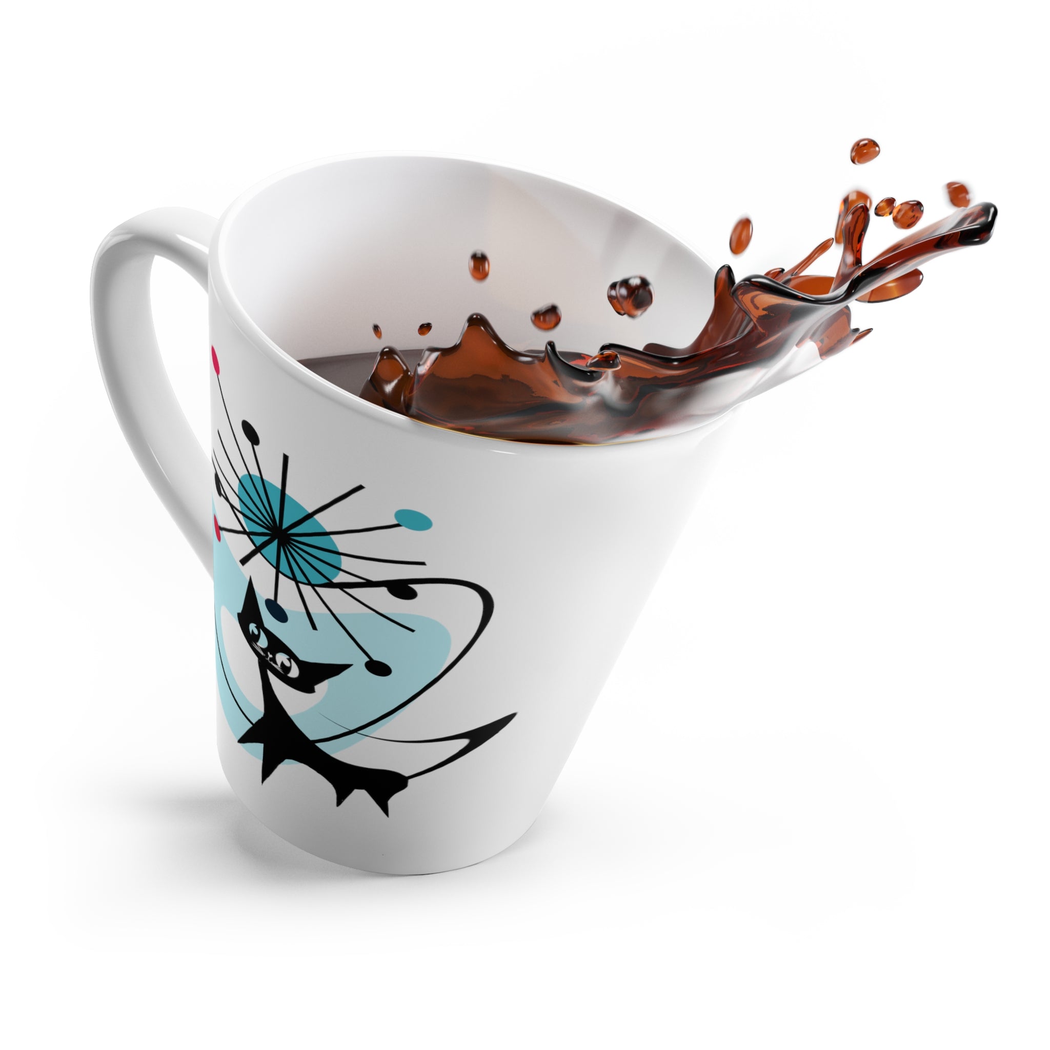 Atomic Cat Latte Mug, Starburst, Atomic Boomerang, Black Cat Lover, Aqua Blue, Kitschy Coffee Tea Mug - Mid Century Modern Gal