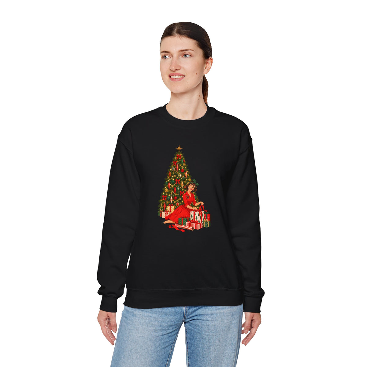 Mid Century Modern Christmas Glamour Gal Wrapping Presents by Tree Unisex Heavy Blend™ Crewneck Sweatshirt - Mid Century Modern Gal