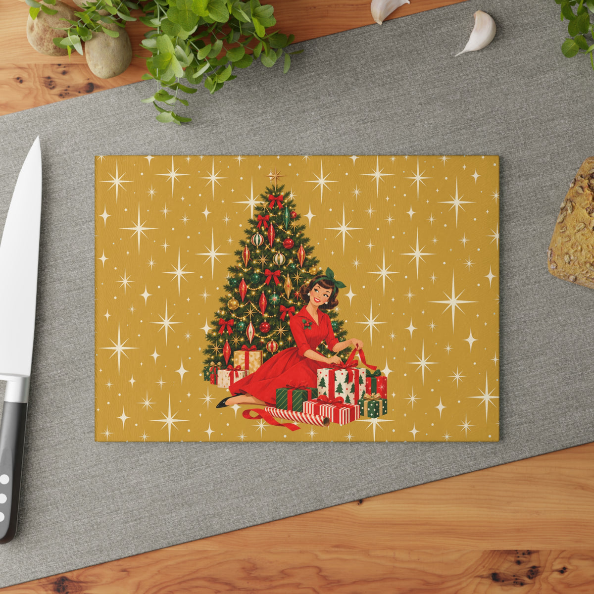 Mid Century Modern Christmas Glamour Gal Wrapping Presents by Tree, Gold Atomic Starbursts Glass Cutting Board