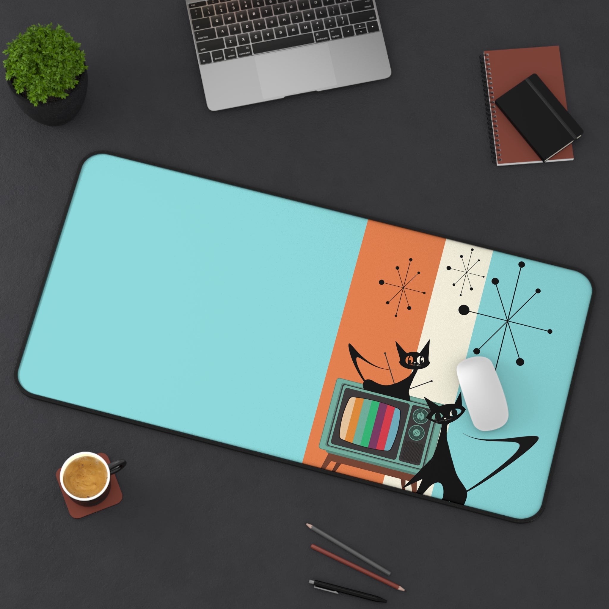 Atomic Cat, Aqua, Retro Mid Mod, Starburst, Orange, Cool Mid Century Modern Desk Mat - Mid Century Modern Gal