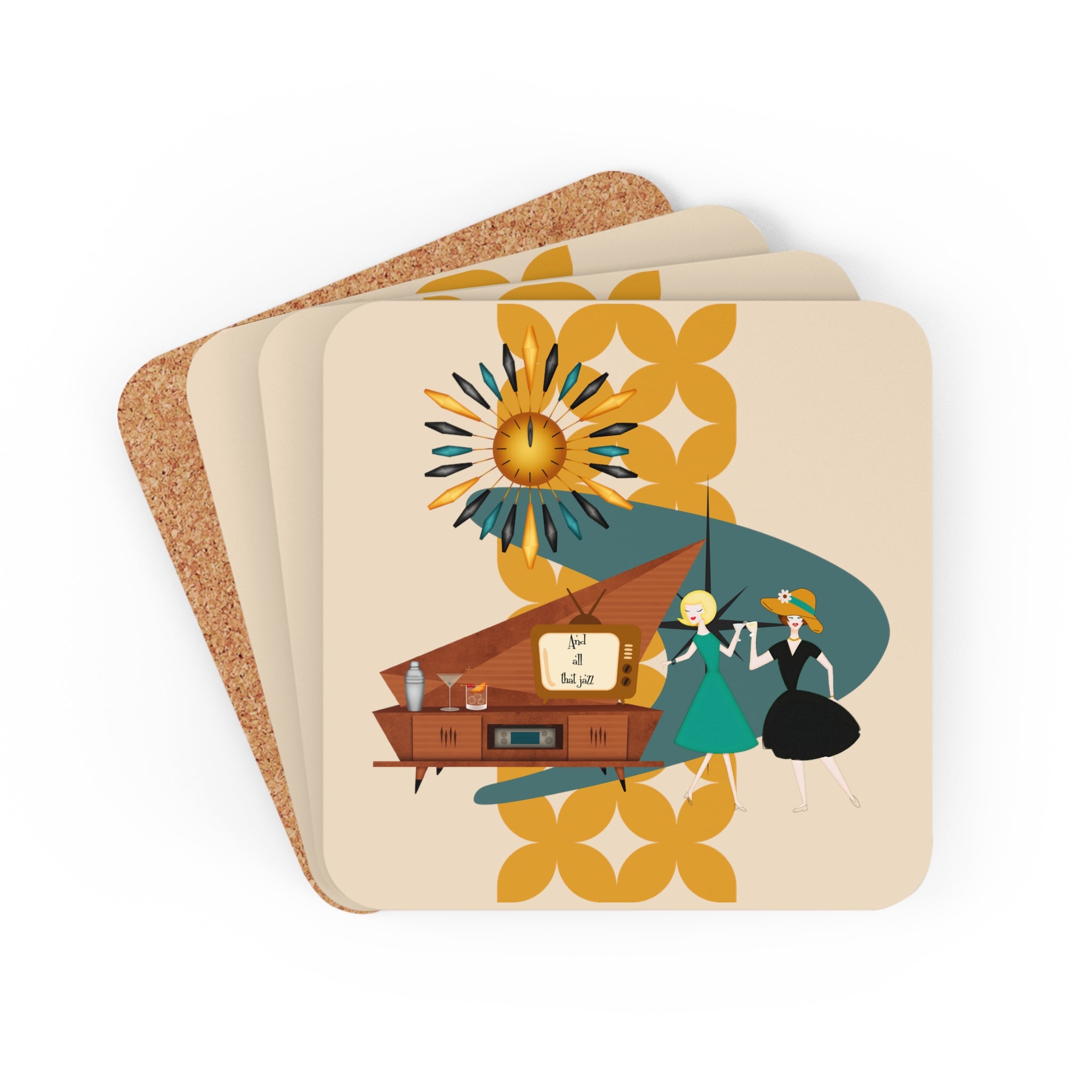 Mid Century Modern Modern Gals, Lesbian Couple Gifts, Breeze Block Kitschy Cocktail Hour Corkwood Coaster Set - Mid Century Modern Gal