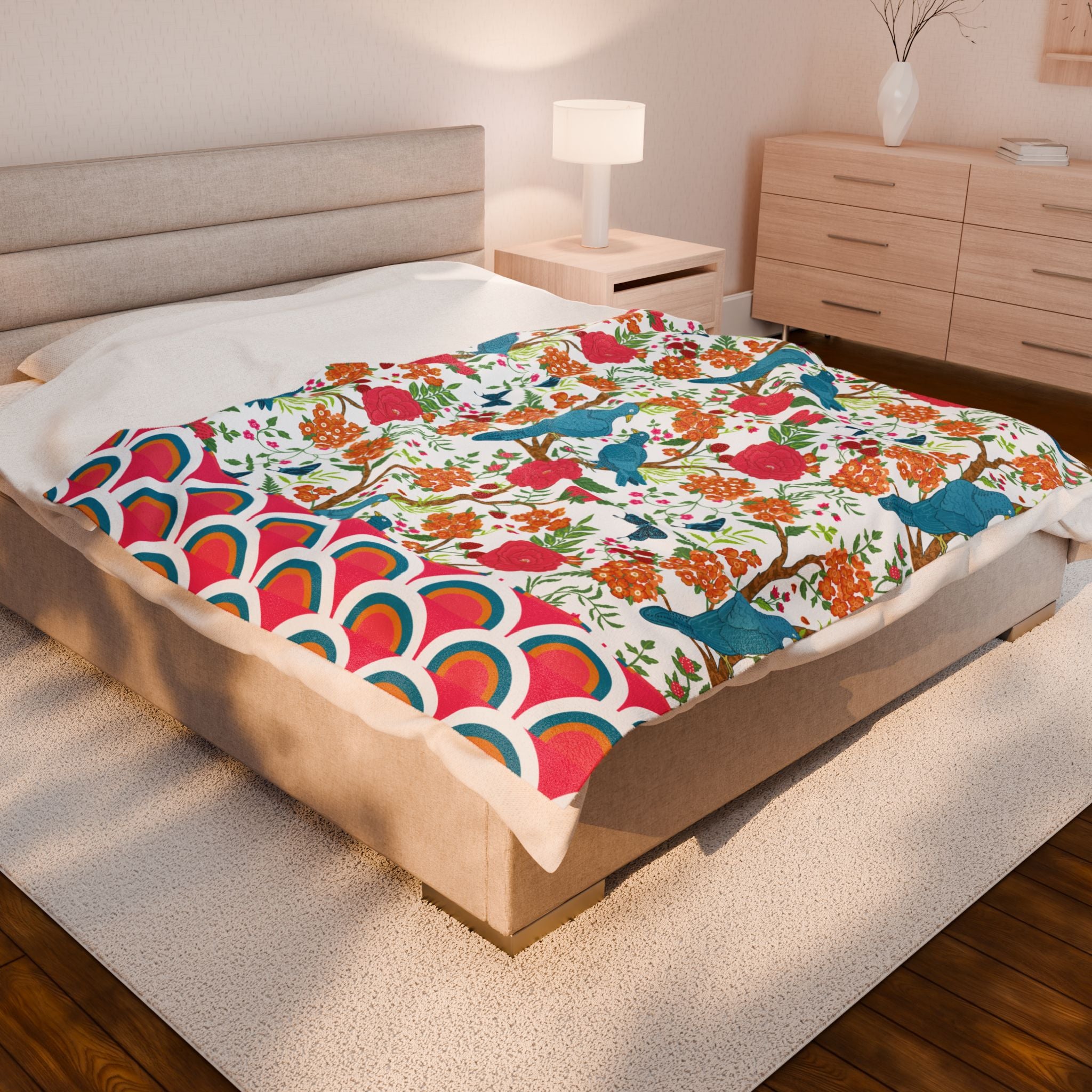 Chinoiserie Throw Blanket, Blue Pink, Birds Tropical Floral Velveteen Plush Blanket - Cozy Decor for Home - Mid Century Modern Gal
