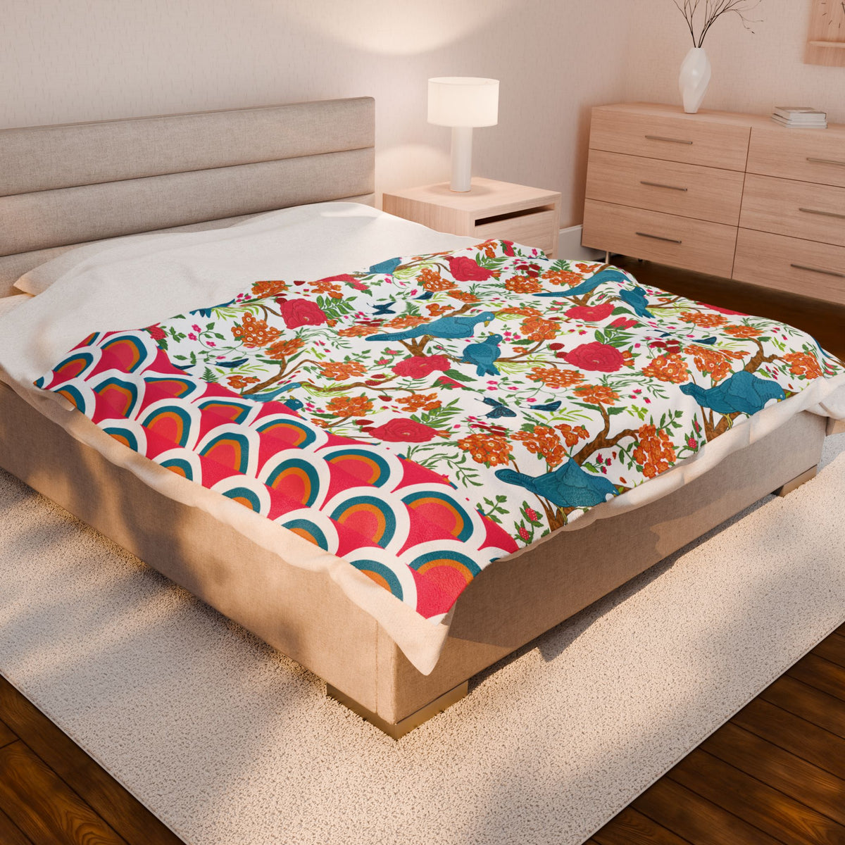 Chinoiserie Throw Blanket, Blue Pink, Birds Tropical Floral Velveteen Plush Blanket - Cozy Decor for Home - Mid Century Modern Gal
