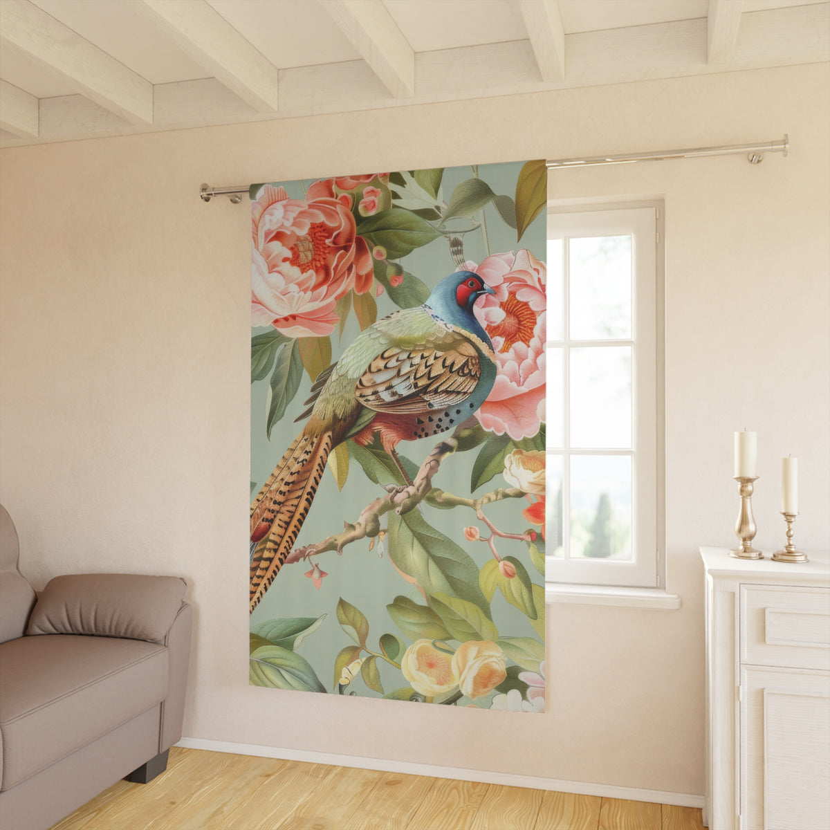 Chinoiserie Window Curtain Elegant Floral Pheasant Bird Window Curtain - 1 Piece, Boho Home Decor - Mid Century Modern Gal